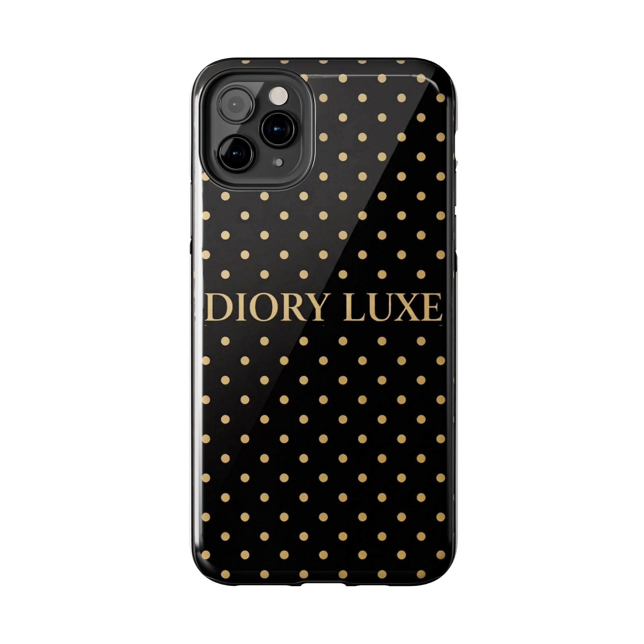 DIORY LUXE Polka Dot Tough Phone Case — Black & Gold Protective iPhone Cover