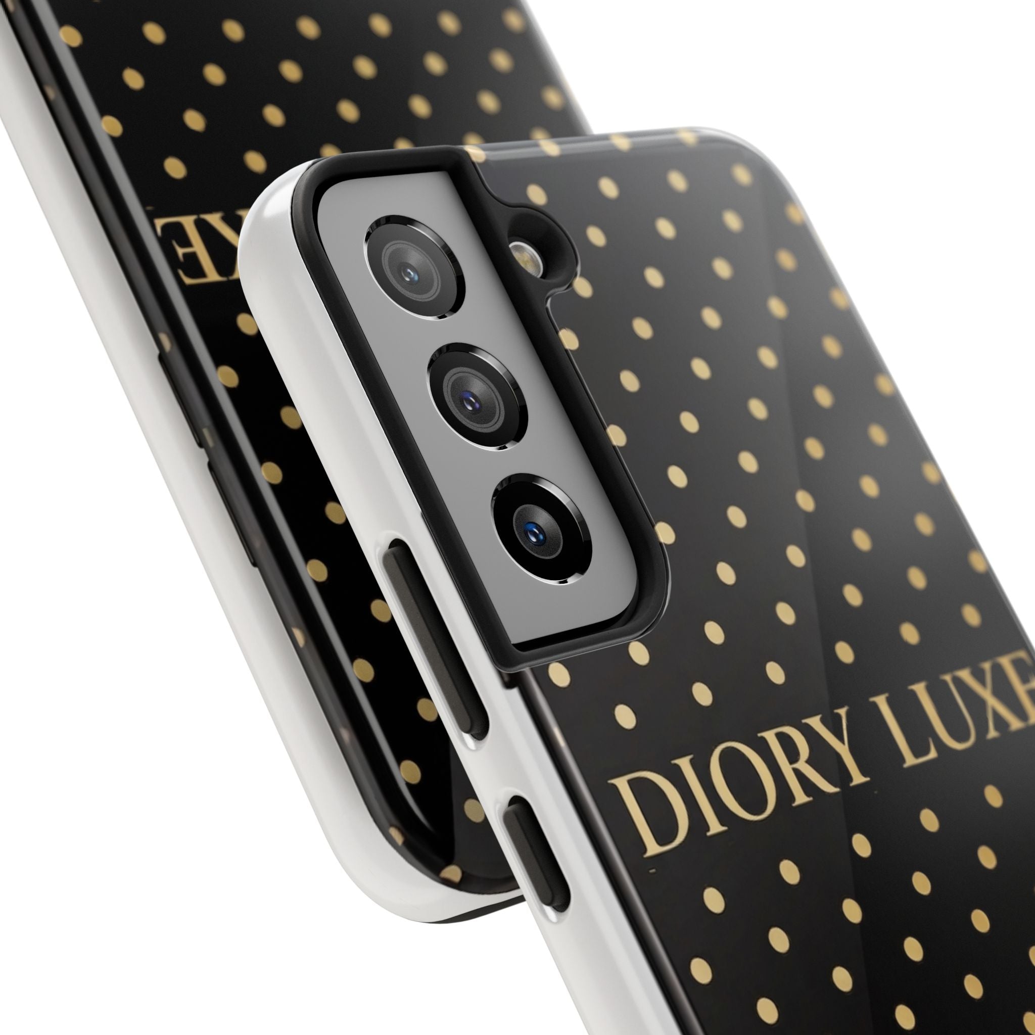 DIORY LUXE Polka Dot Tough Phone Case — Black & Gold Protective iPhone Cover