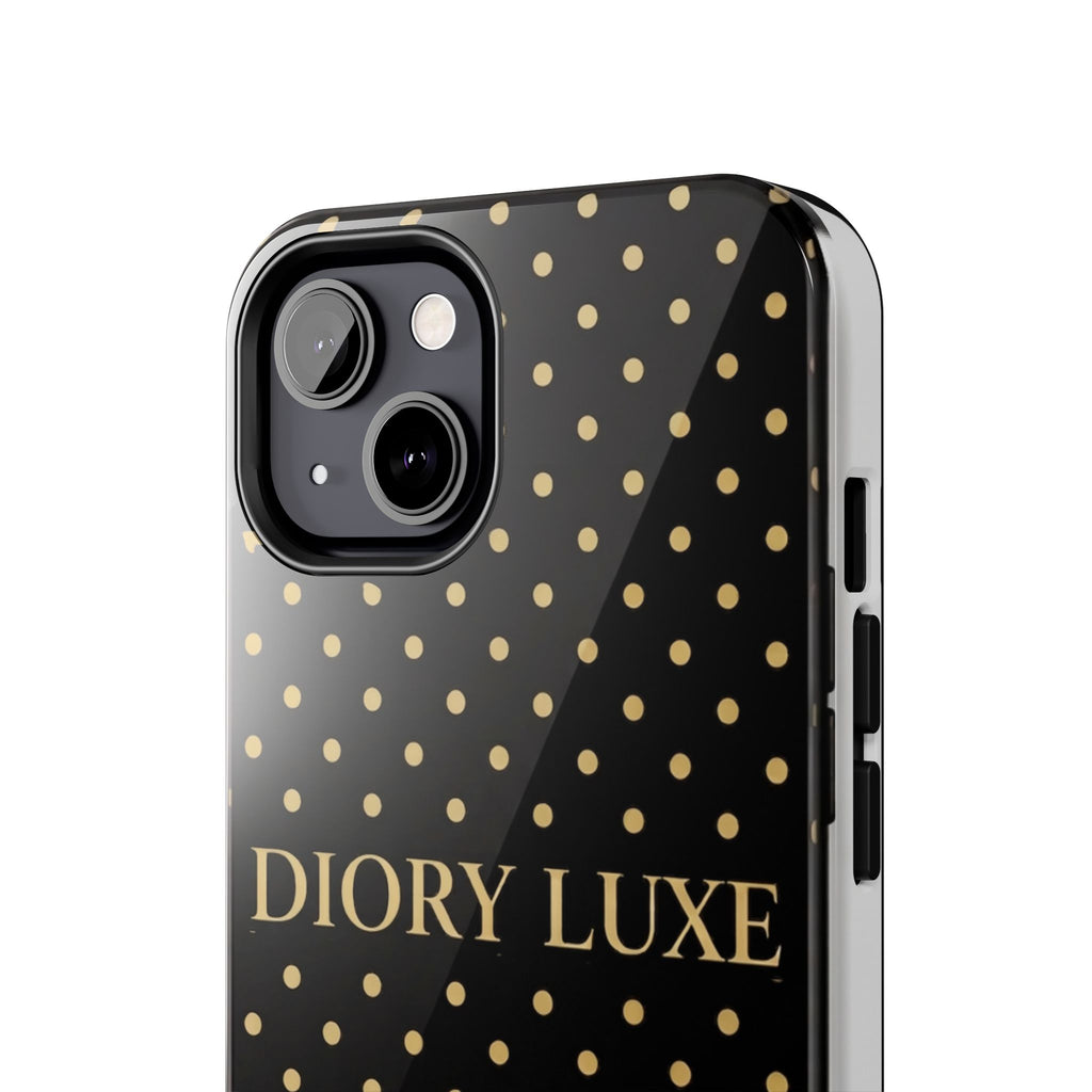DIORY LUXE Polka Dot Tough Phone Case — Black & Gold Protective iPhone Cover