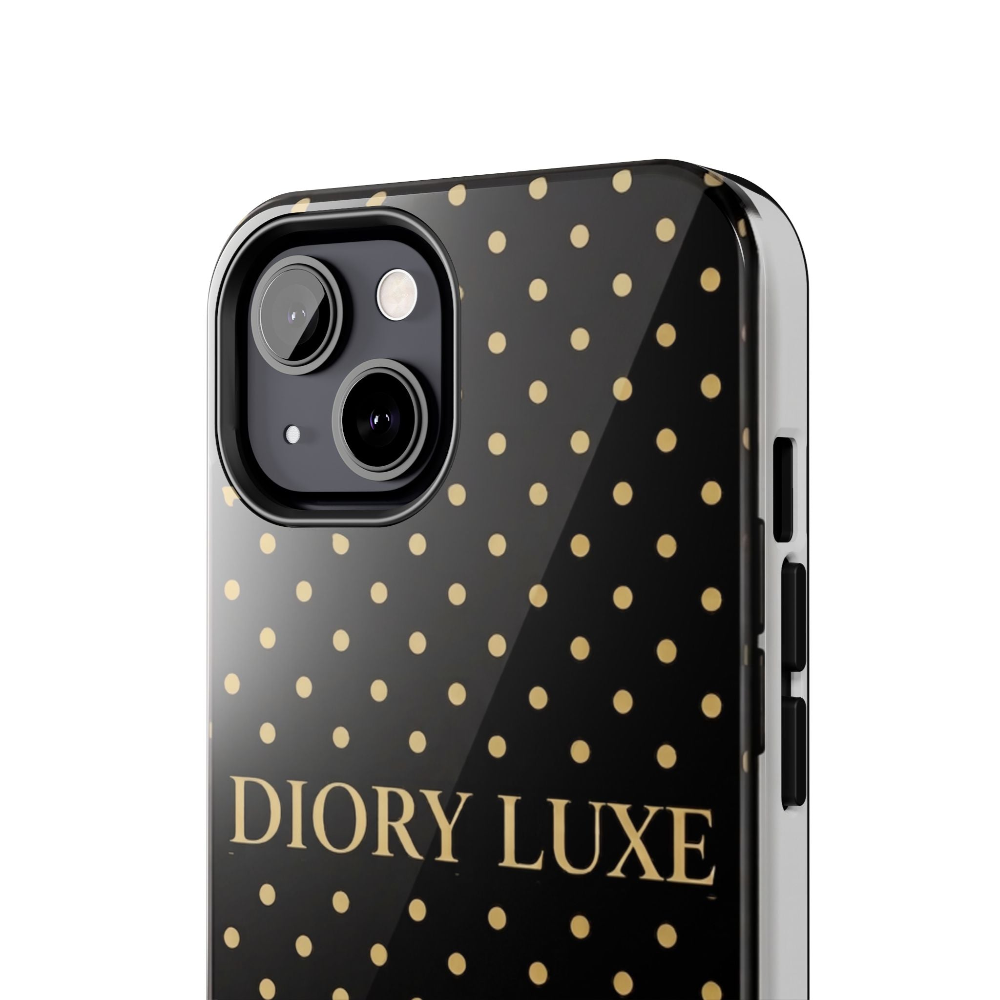 DIORY LUXE Polka Dot Tough Phone Case — Black & Gold Protective iPhone Cover