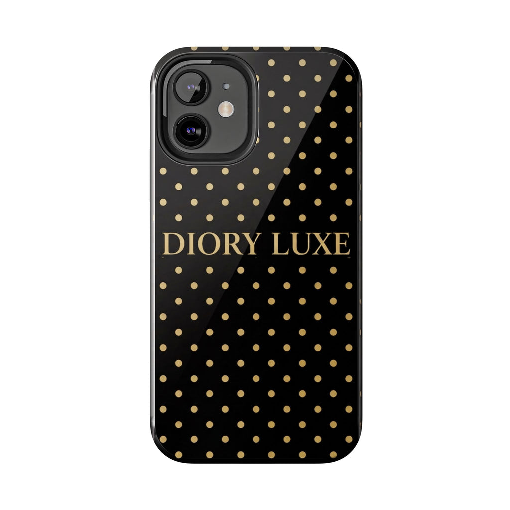 DIORY LUXE Polka Dot Tough Phone Case — Black & Gold Protective iPhone Cover
