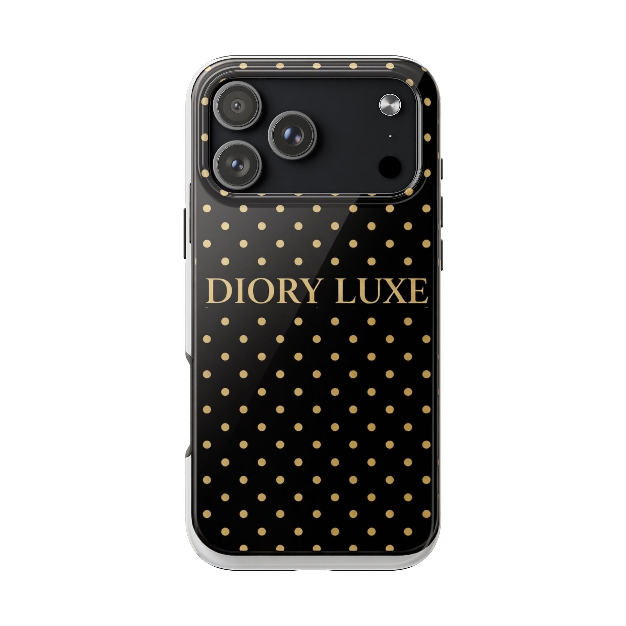 DIORY LUXE Polka Dot Tough Phone Case — Black & Gold Protective iPhone Cover