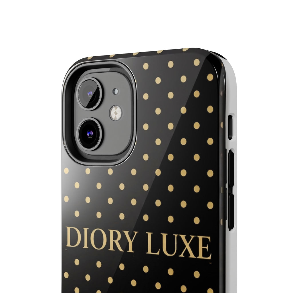 DIORY LUXE Polka Dot Tough Phone Case — Black & Gold Protective iPhone Cover