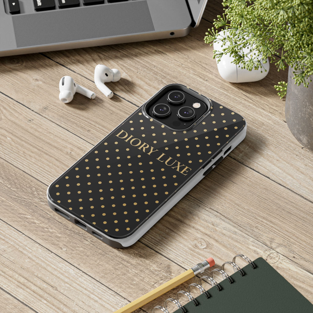 DIORY LUXE Polka Dot Tough Phone Case — Black & Gold Protective iPhone Cover