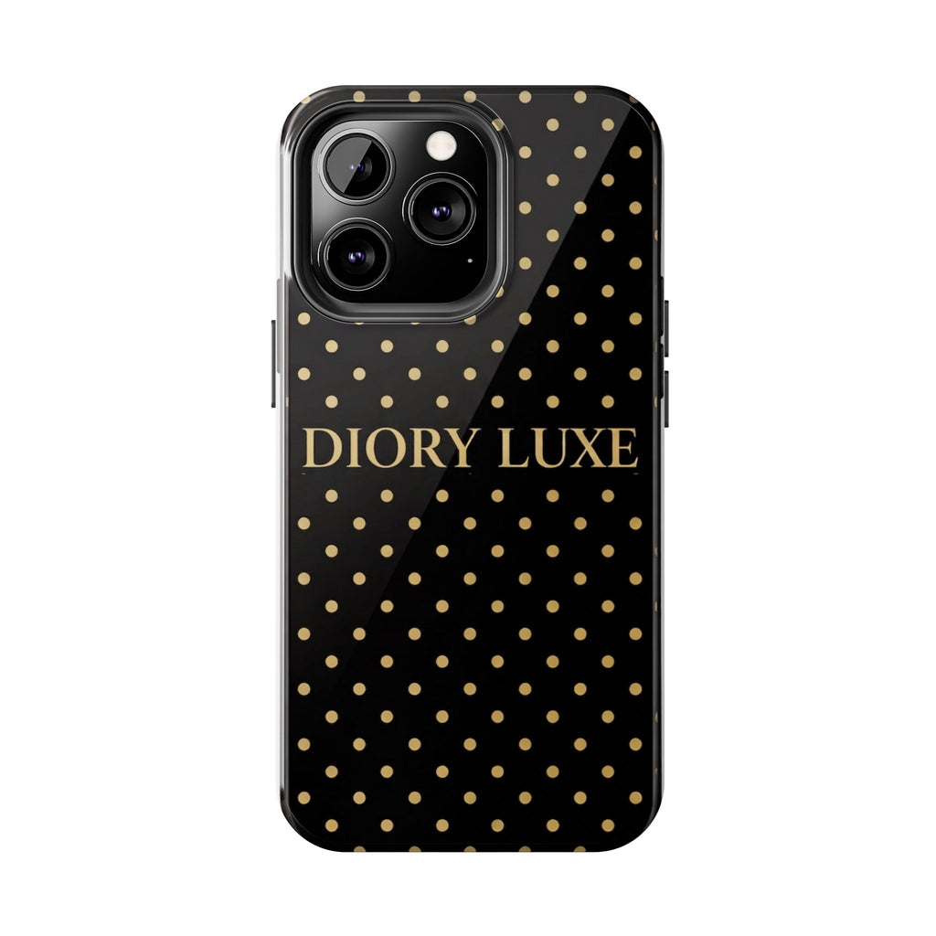 DIORY LUXE Polka Dot Tough Phone Case — Black & Gold Protective iPhone Cover