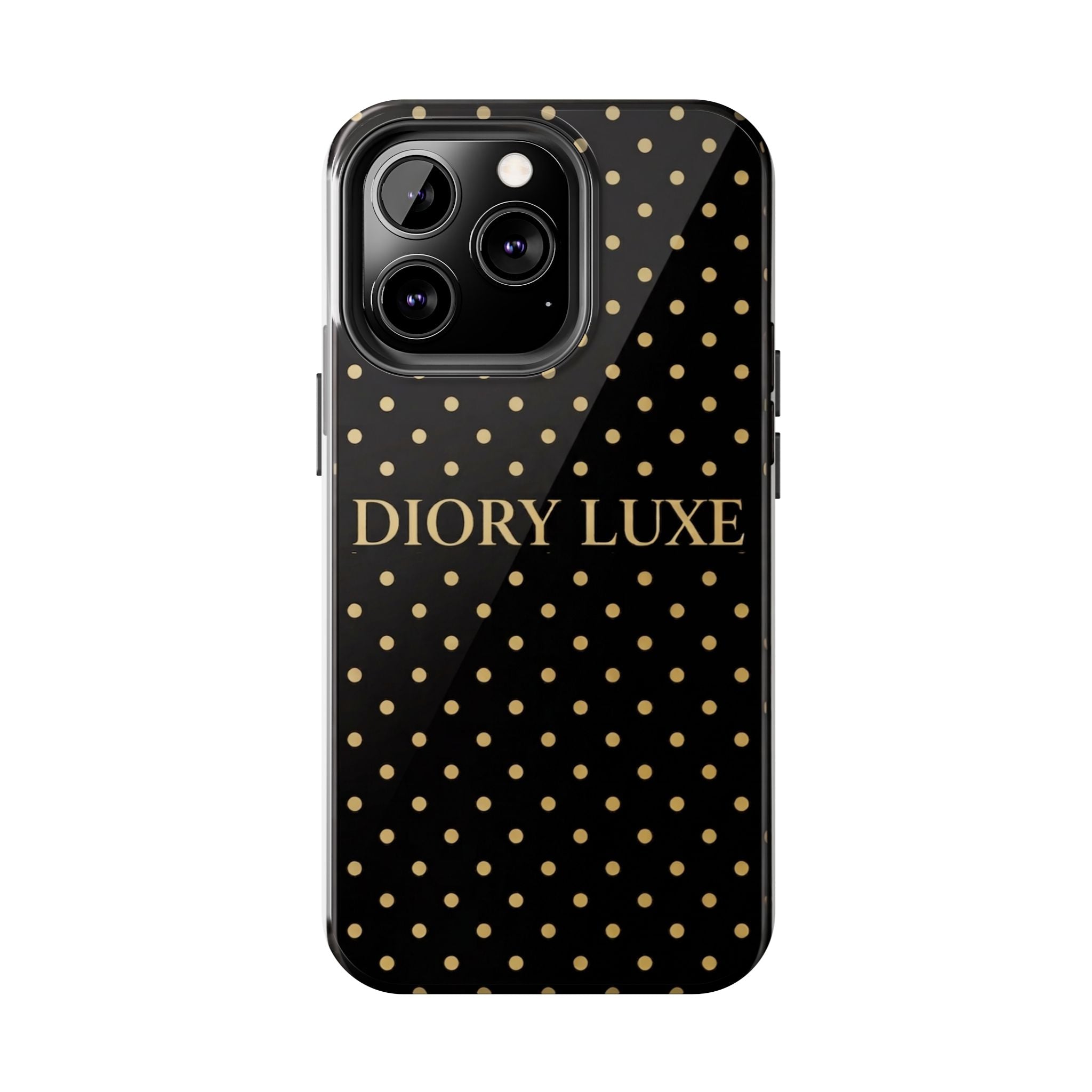 DIORY LUXE Polka Dot Tough Phone Case — Black & Gold Protective iPhone Cover