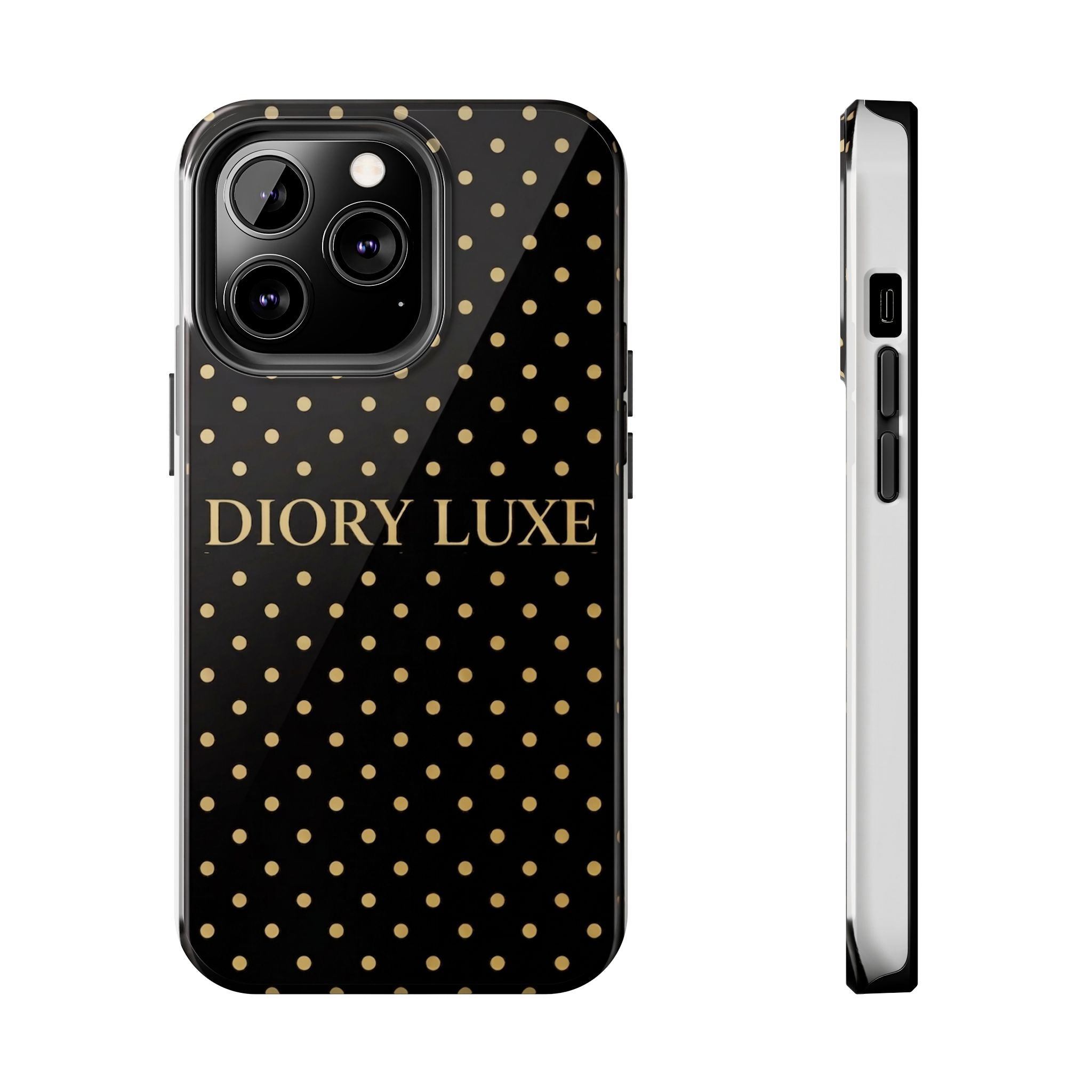 DIORY LUXE Polka Dot Tough Phone Case — Black & Gold Protective iPhone Cover
