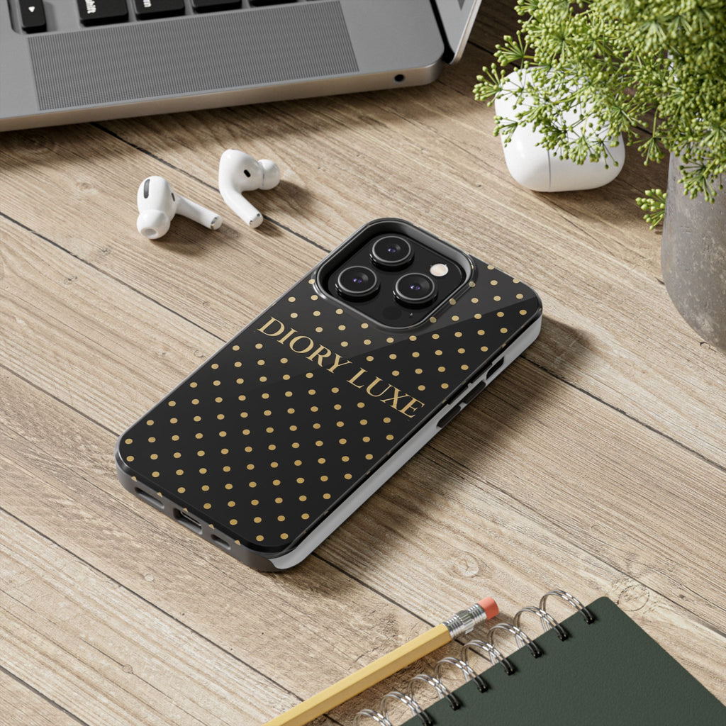 DIORY LUXE Polka Dot Tough Phone Case — Black & Gold Protective iPhone Cover
