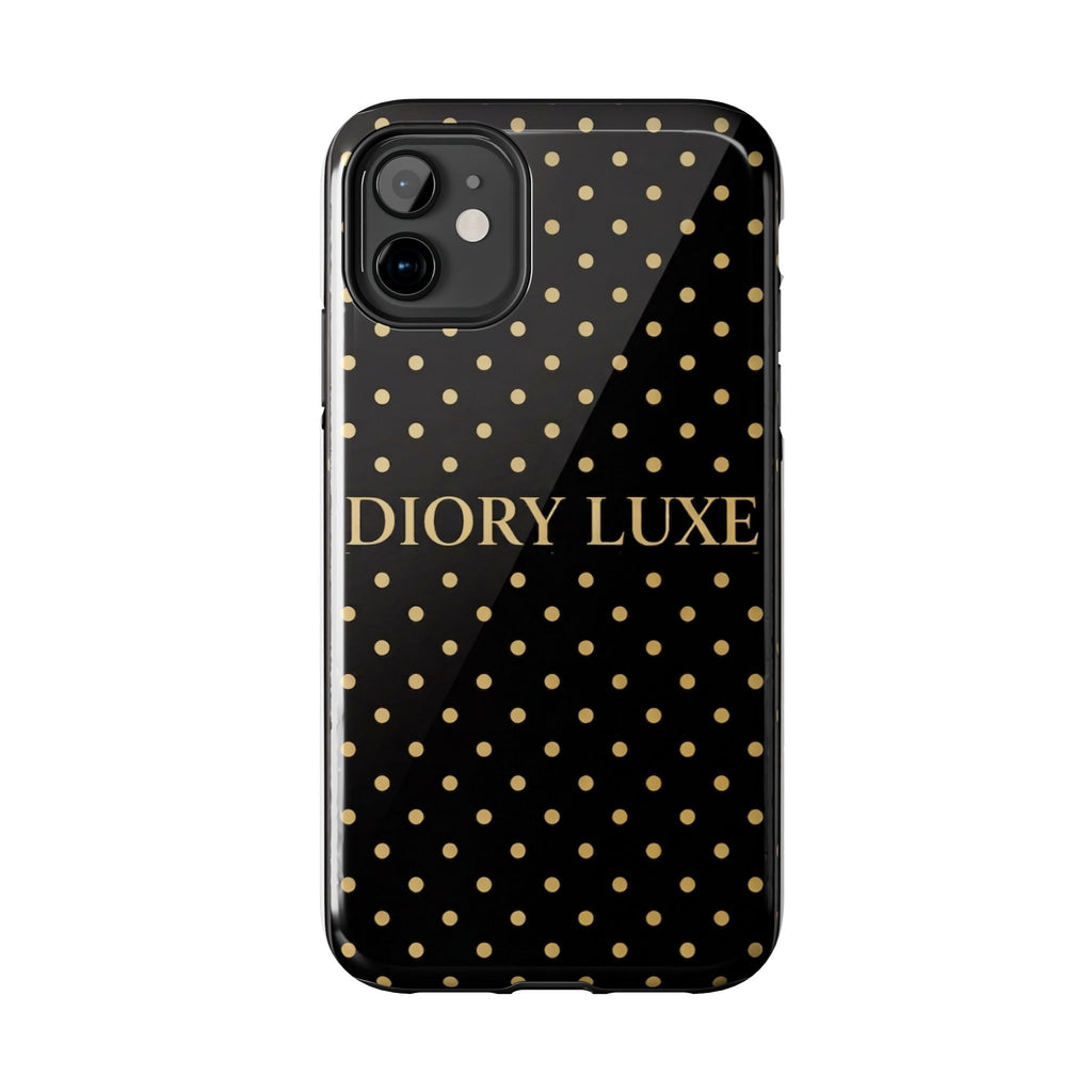 DIORY LUXE Polka Dot Tough Phone Case — Black & Gold Protective iPhone Cover