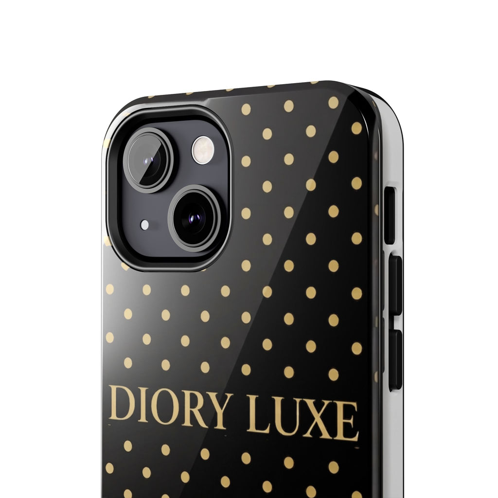 DIORY LUXE Polka Dot Tough Phone Case — Black & Gold Protective iPhone Cover