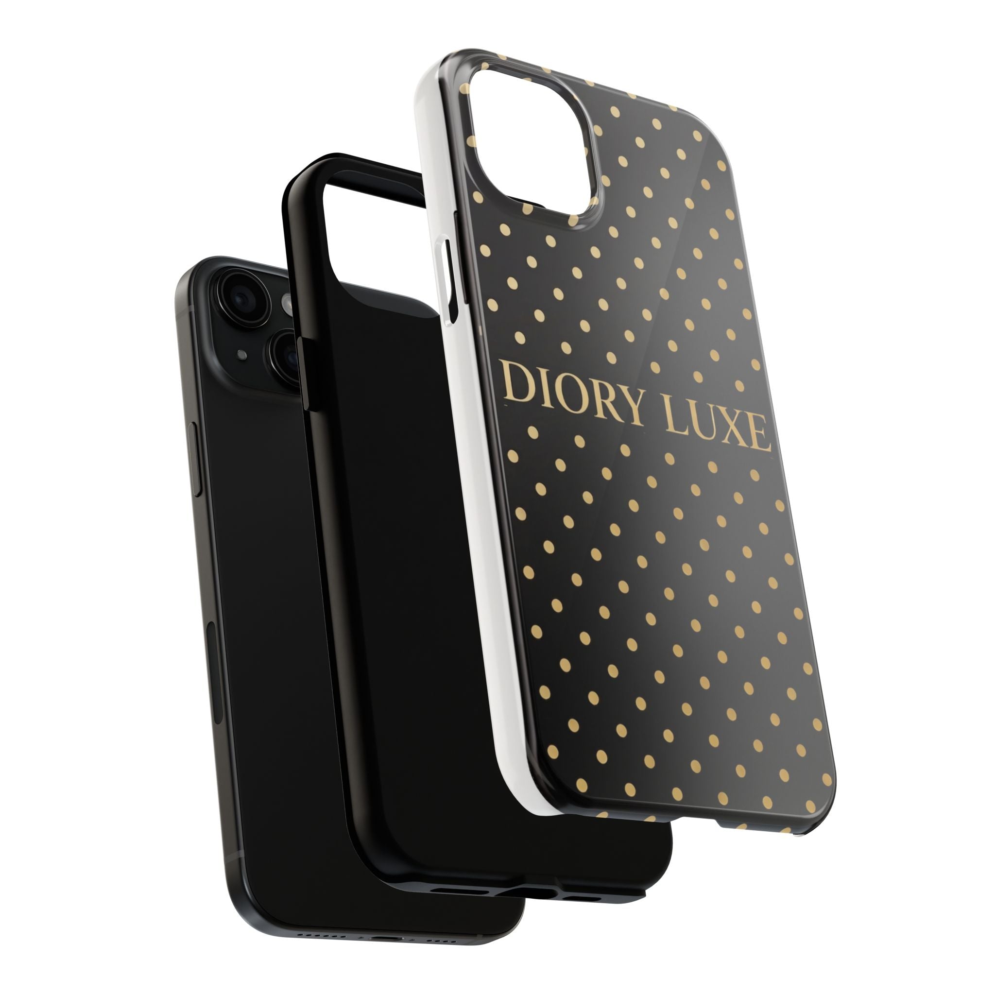 DIORY LUXE Polka Dot Tough Phone Case — Black & Gold Protective iPhone Cover