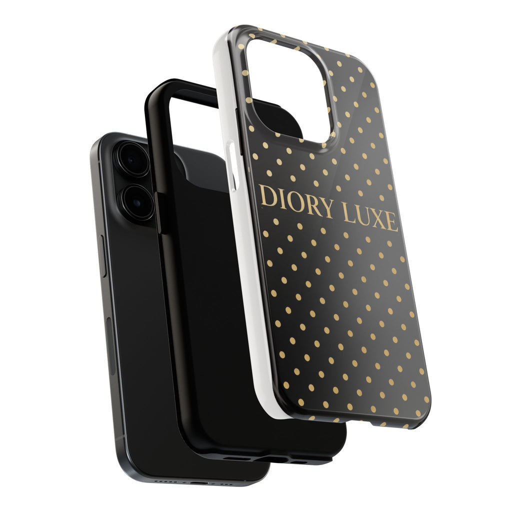 DIORY LUXE Polka Dot Tough Phone Case — Black & Gold Protective iPhone Cover