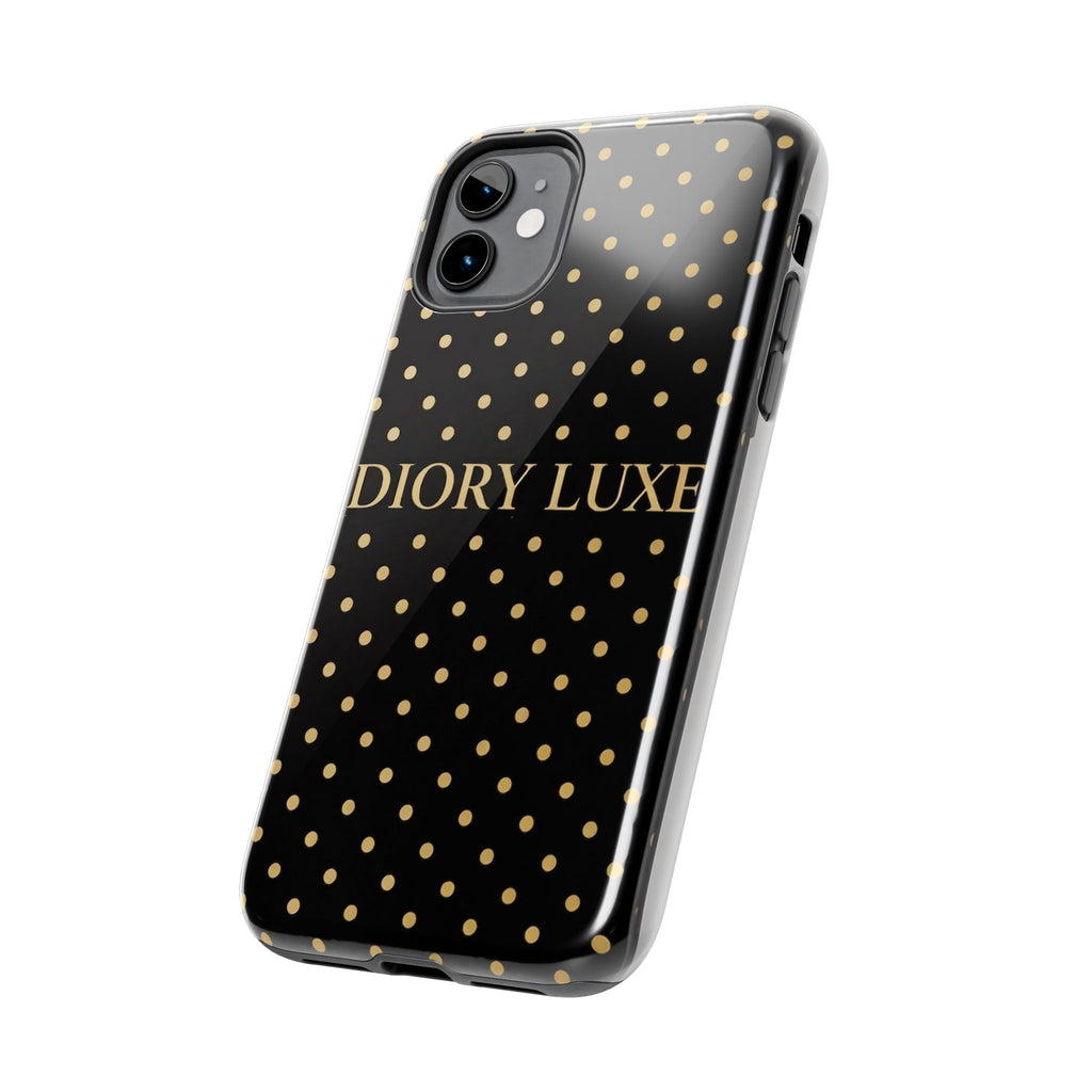 DIORY LUXE Polka Dot Tough Phone Case — Black & Gold Protective iPhone Cover