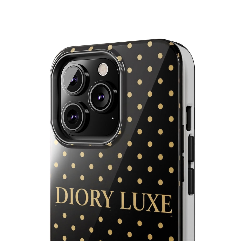DIORY LUXE Polka Dot Tough Phone Case — Black & Gold Protective iPhone Cover