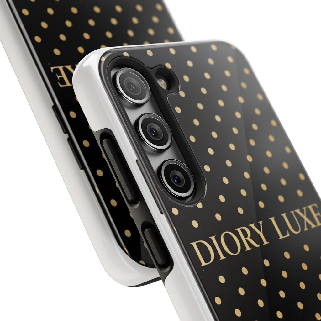 DIORY LUXE Polka Dot Tough Phone Case — Black & Gold Protective iPhone Cover