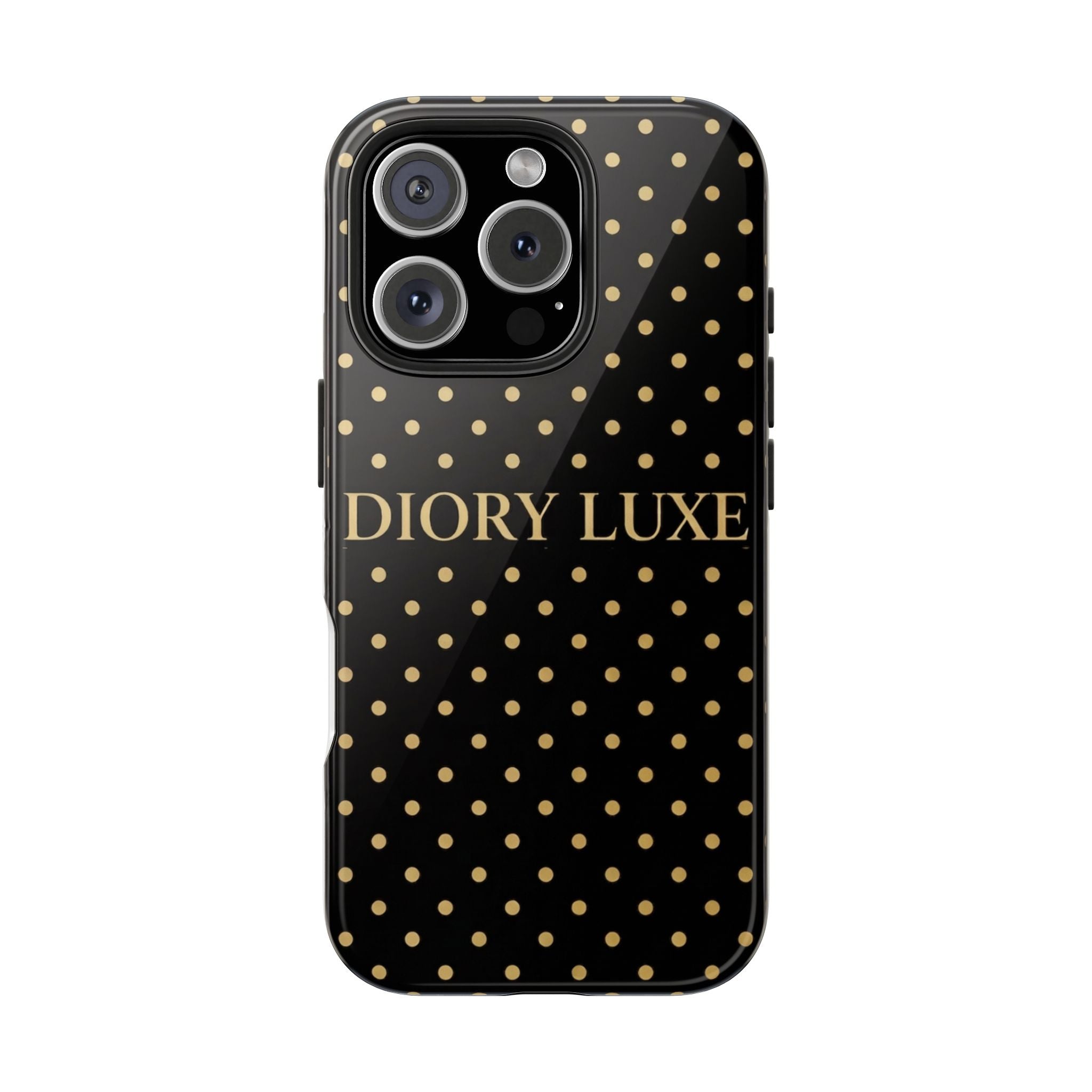 DIORY LUXE Polka Dot Tough Phone Case — Black & Gold Protective iPhone Cover