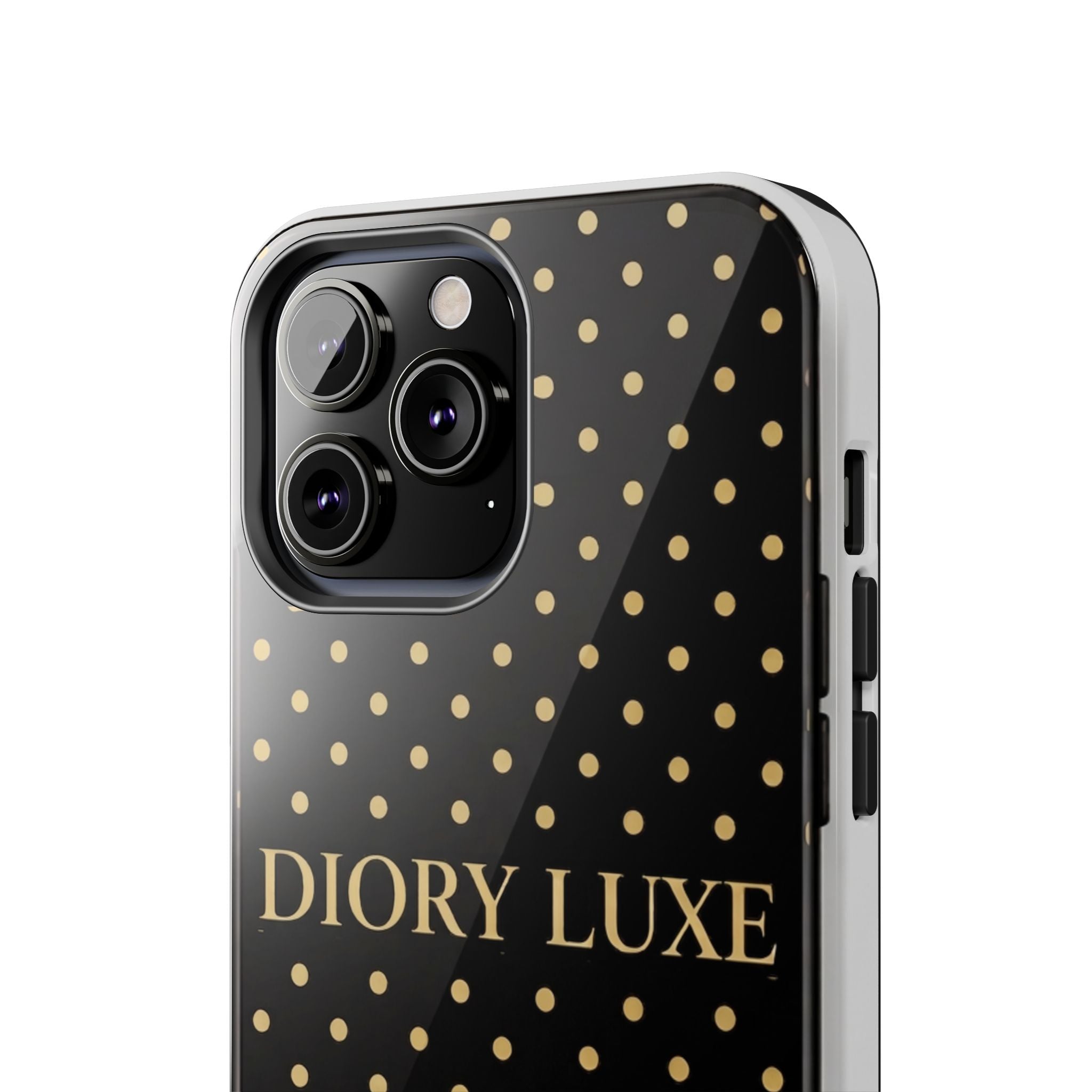 DIORY LUXE Polka Dot Tough Phone Case — Black & Gold Protective iPhone Cover