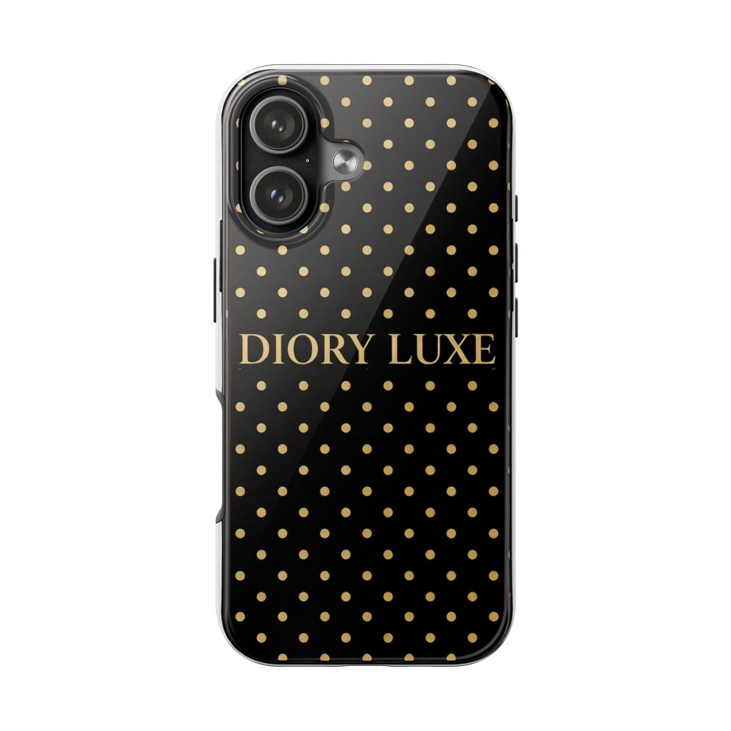 DIORY LUXE Polka Dot Tough Phone Case — Black & Gold Protective iPhone Cover