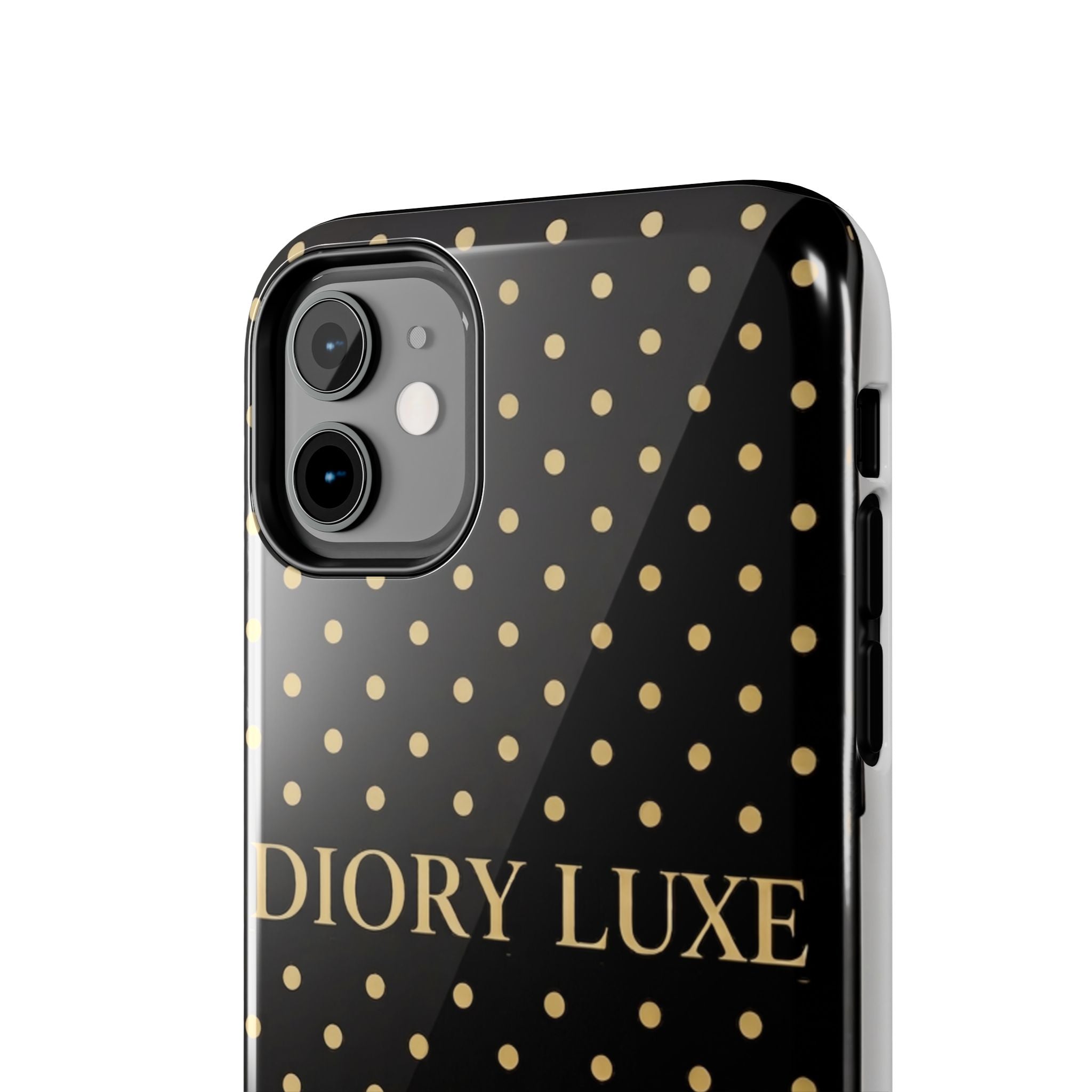 DIORY LUXE Polka Dot Tough Phone Case — Black & Gold Protective iPhone Cover