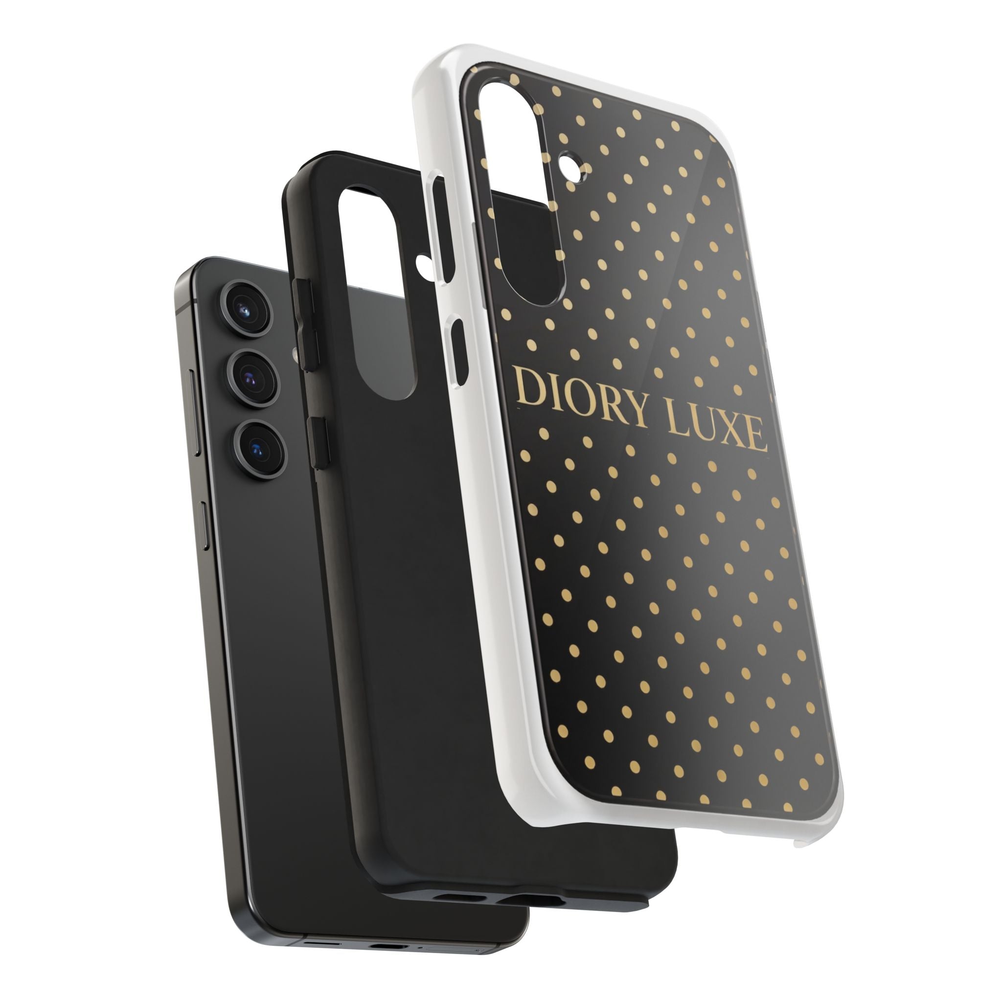 DIORY LUXE Polka Dot Tough Phone Case — Black & Gold Protective iPhone Cover