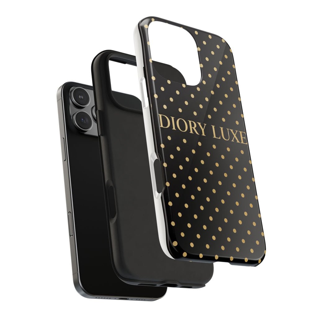 DIORY LUXE Polka Dot Tough Phone Case — Black & Gold Protective iPhone Cover
