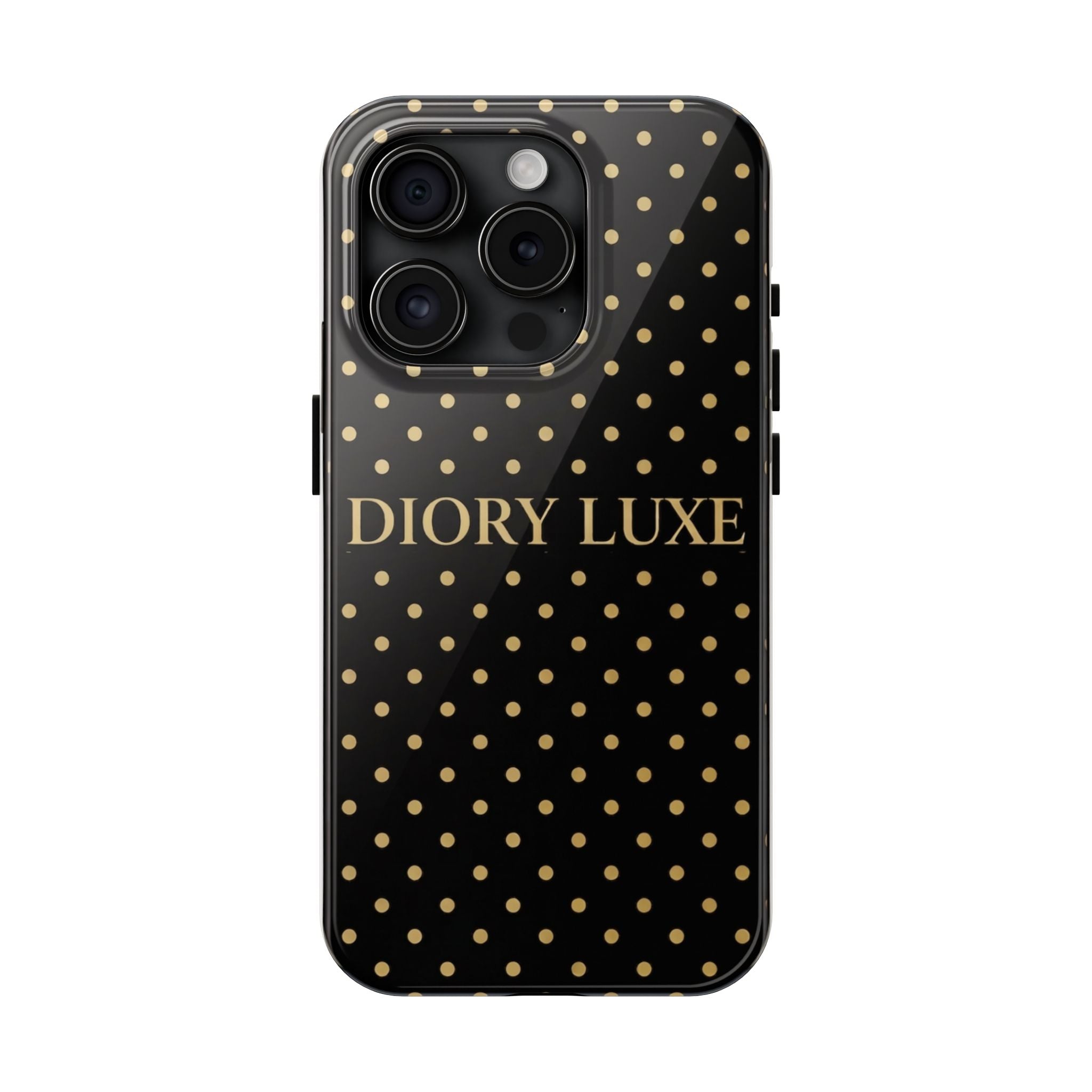 DIORY LUXE Polka Dot Tough Phone Case — Black & Gold Protective iPhone Cover