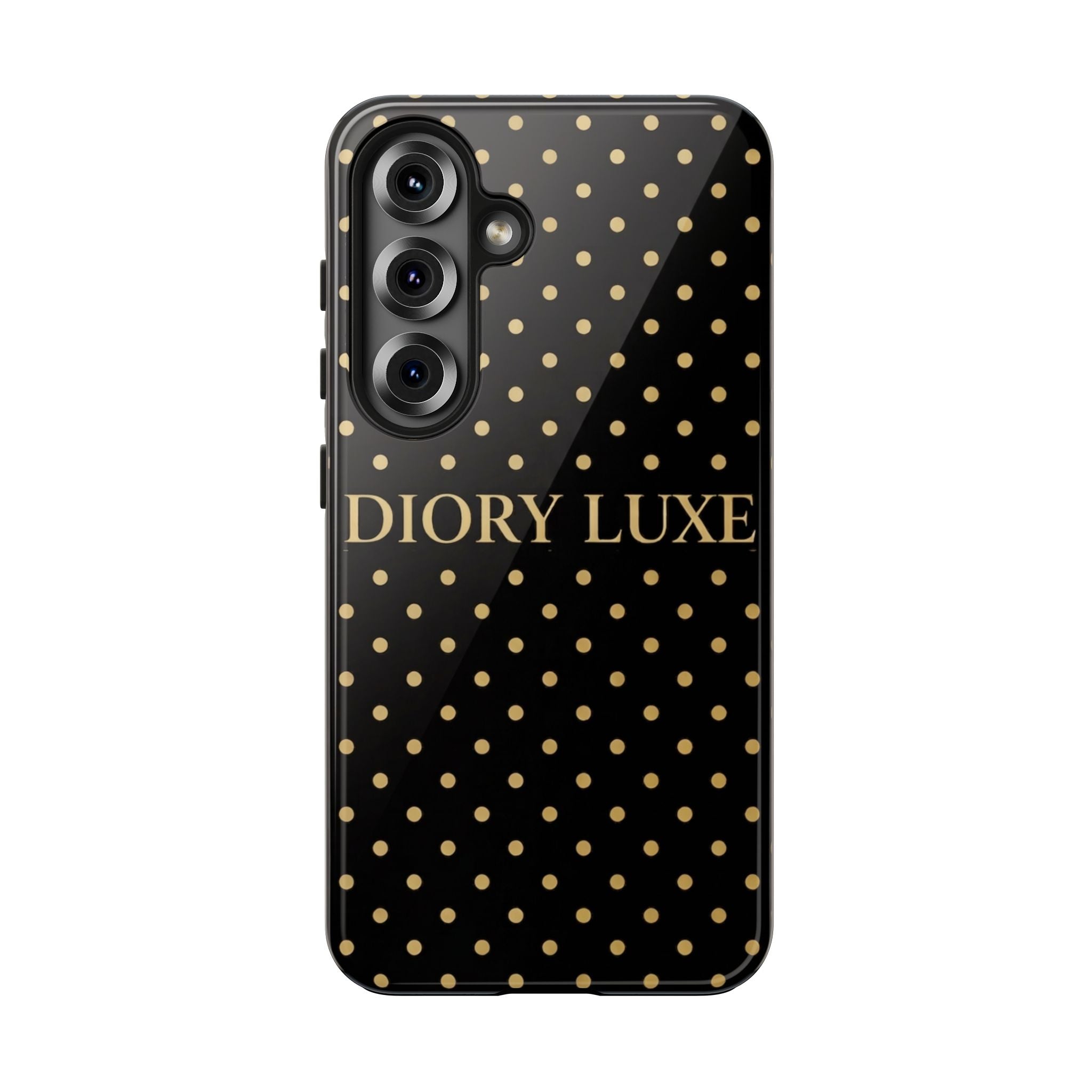 DIORY LUXE Polka Dot Tough Phone Case — Black & Gold Protective iPhone Cover