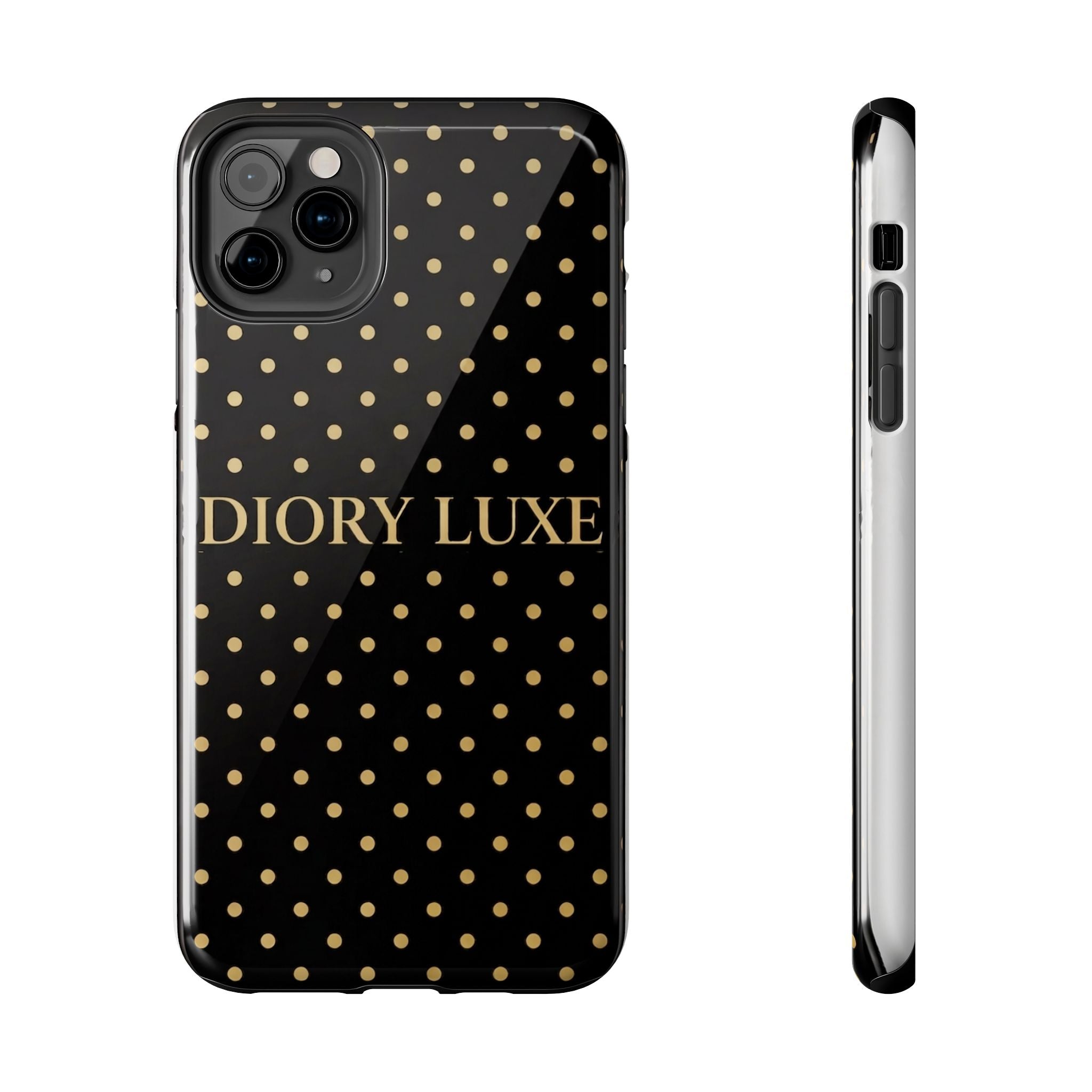 DIORY LUXE Polka Dot Tough Phone Case — Black & Gold Protective iPhone Cover