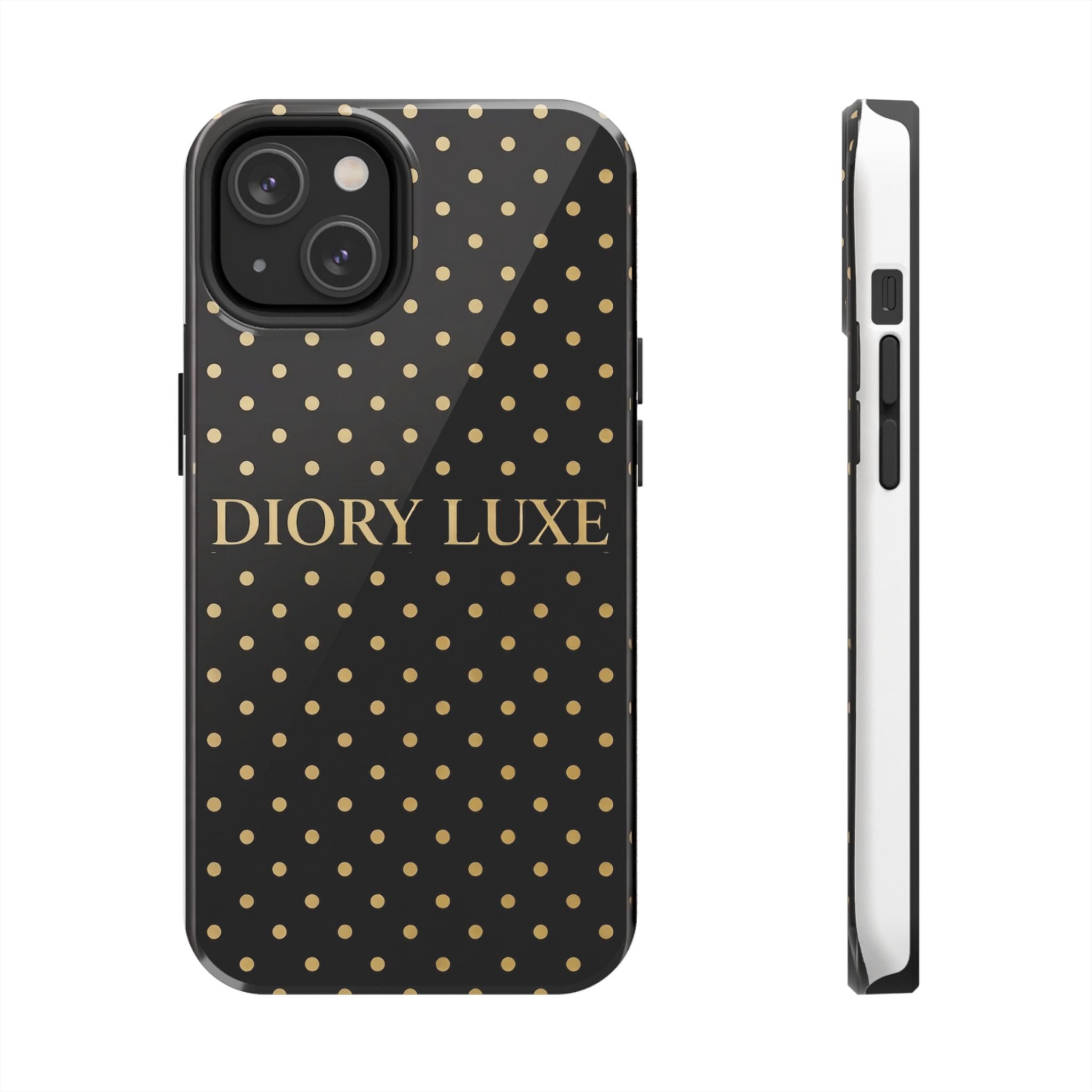 DIORY LUXE Polka Dot Tough Phone Case — Black & Gold Protective iPhone Cover