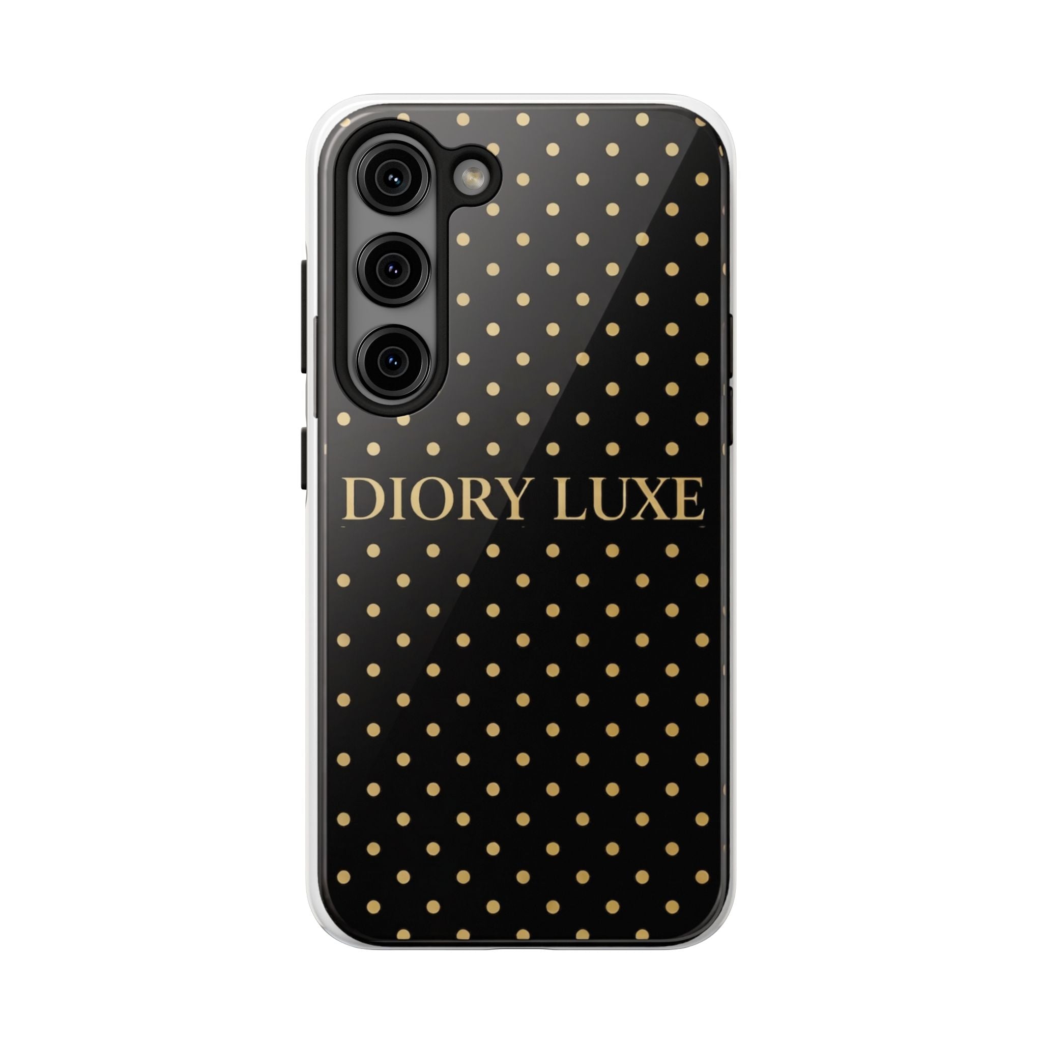 DIORY LUXE Polka Dot Tough Phone Case — Black & Gold Protective iPhone Cover