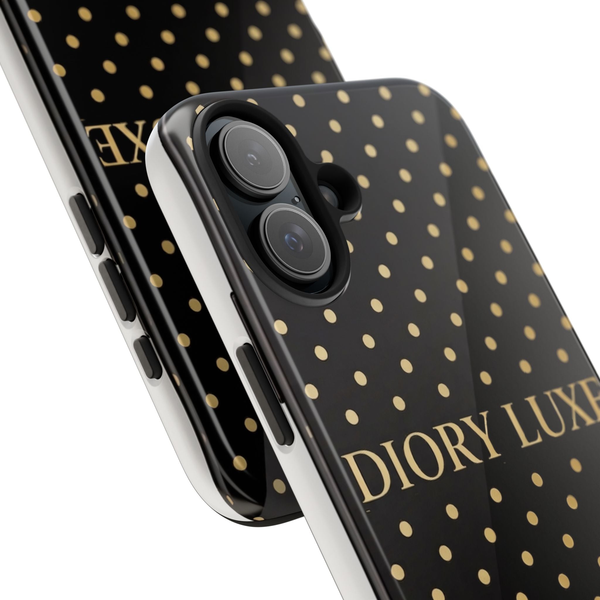 DIORY LUXE Polka Dot Tough Phone Case — Black & Gold Protective iPhone Cover