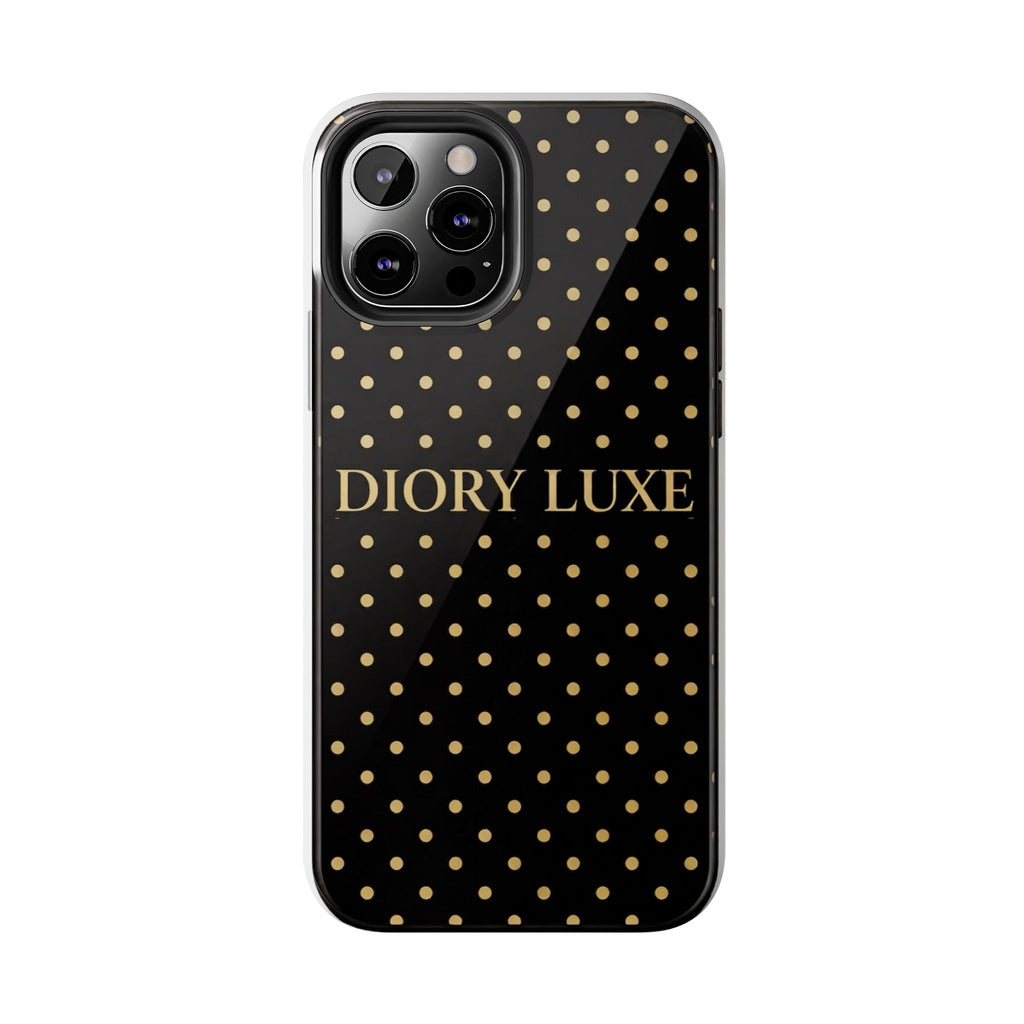 DIORY LUXE Polka Dot Tough Phone Case — Black & Gold Protective iPhone Cover