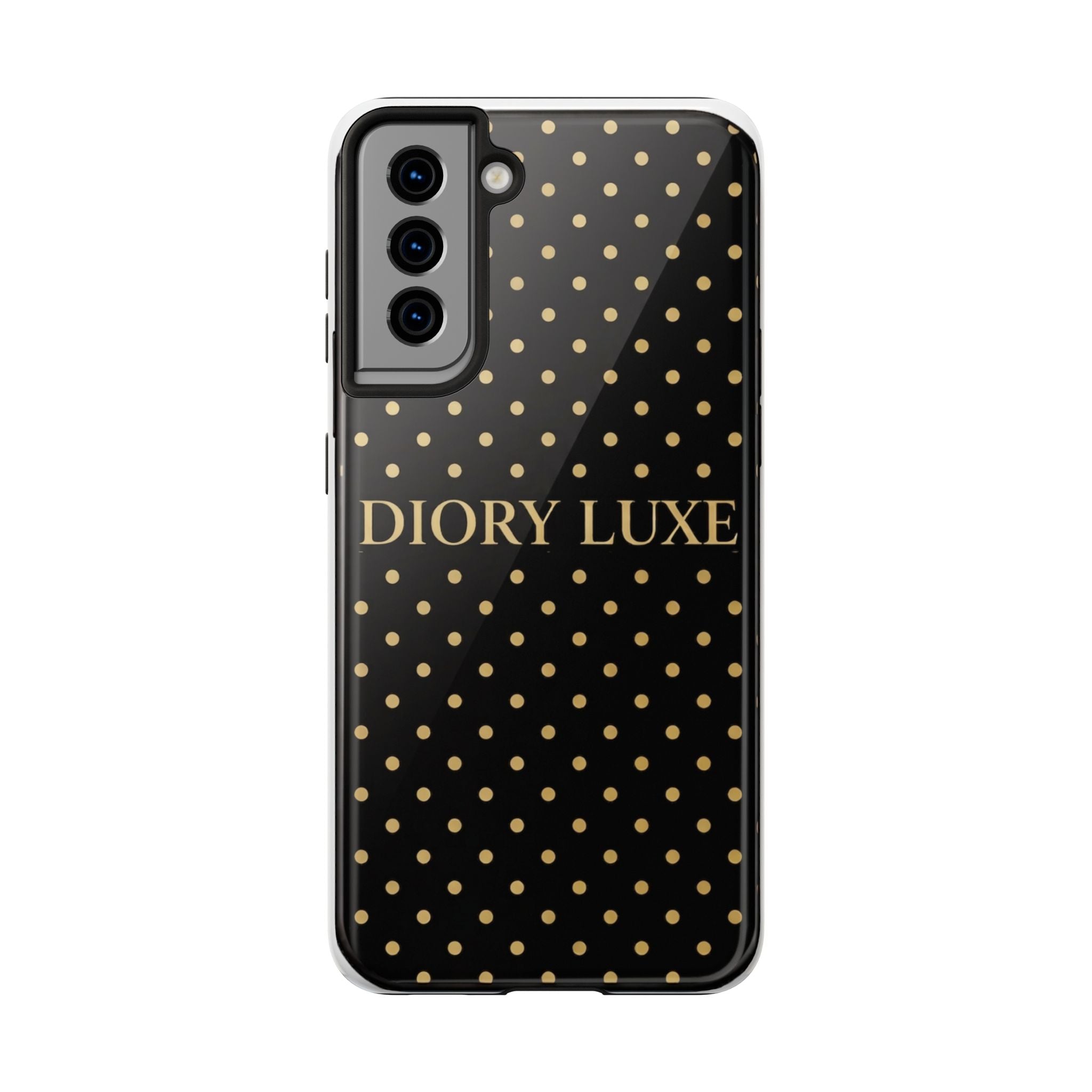 DIORY LUXE Polka Dot Tough Phone Case — Black & Gold Protective iPhone Cover