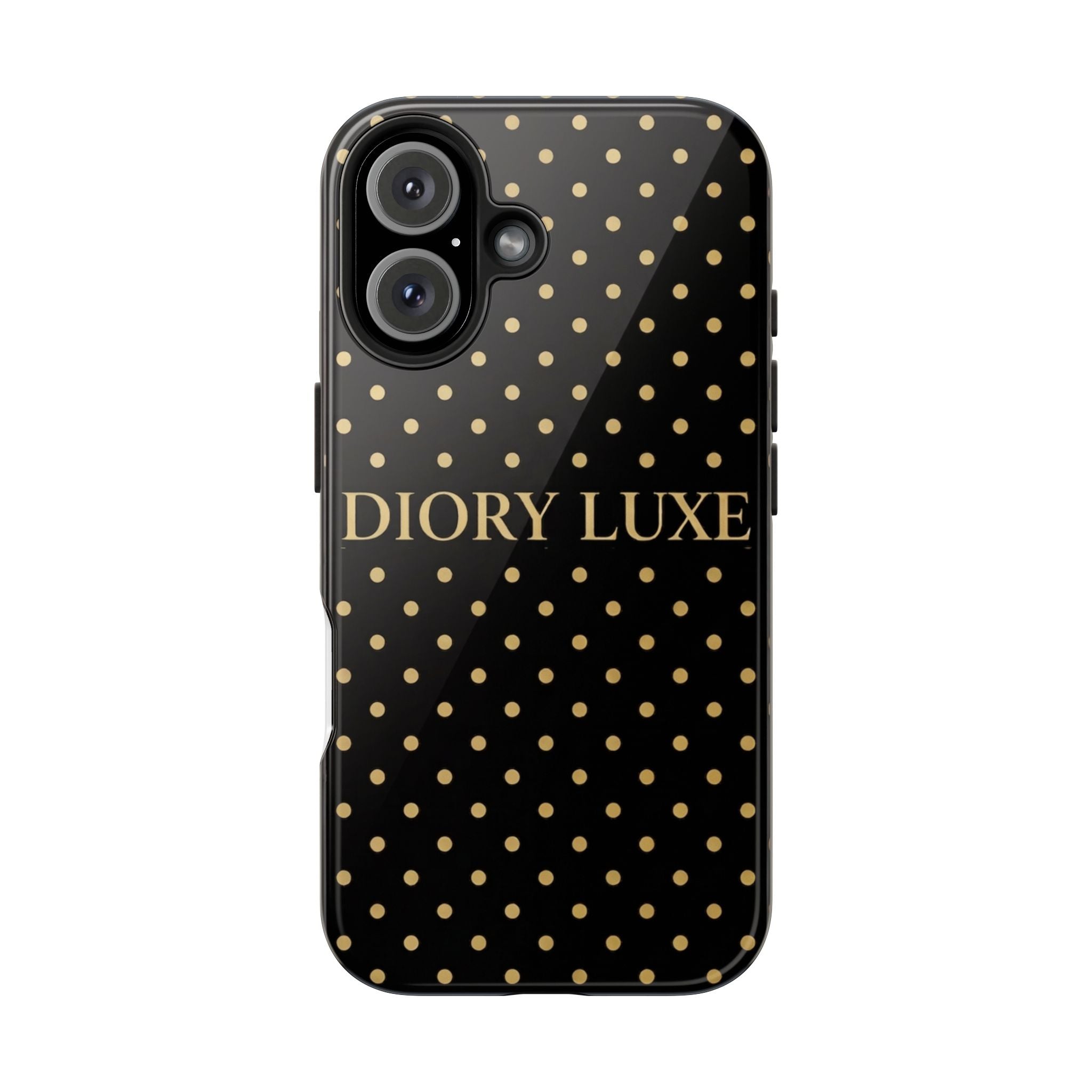 DIORY LUXE Polka Dot Tough Phone Case — Black & Gold Protective iPhone Cover