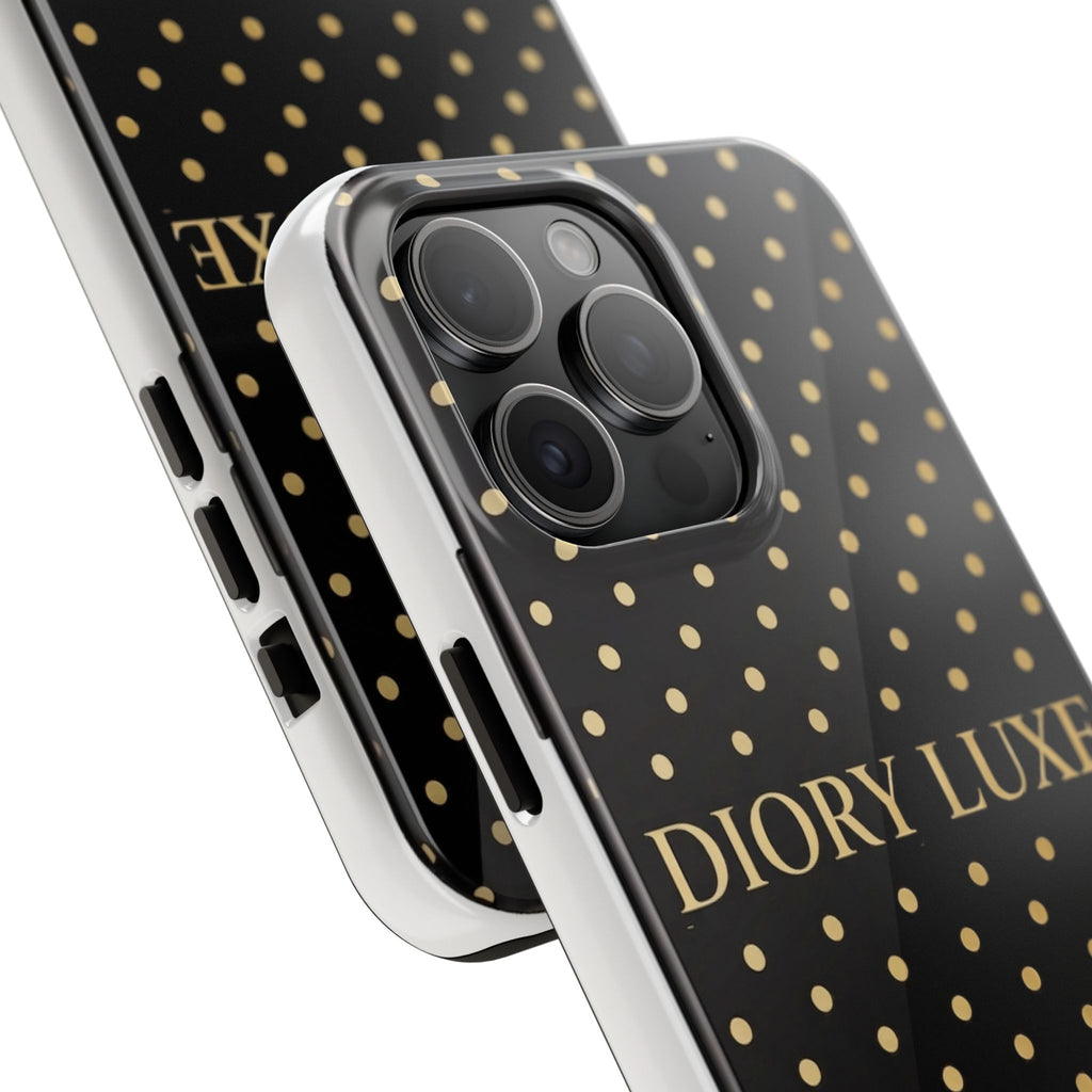 DIORY LUXE Polka Dot Tough Phone Case — Black & Gold Protective iPhone Cover