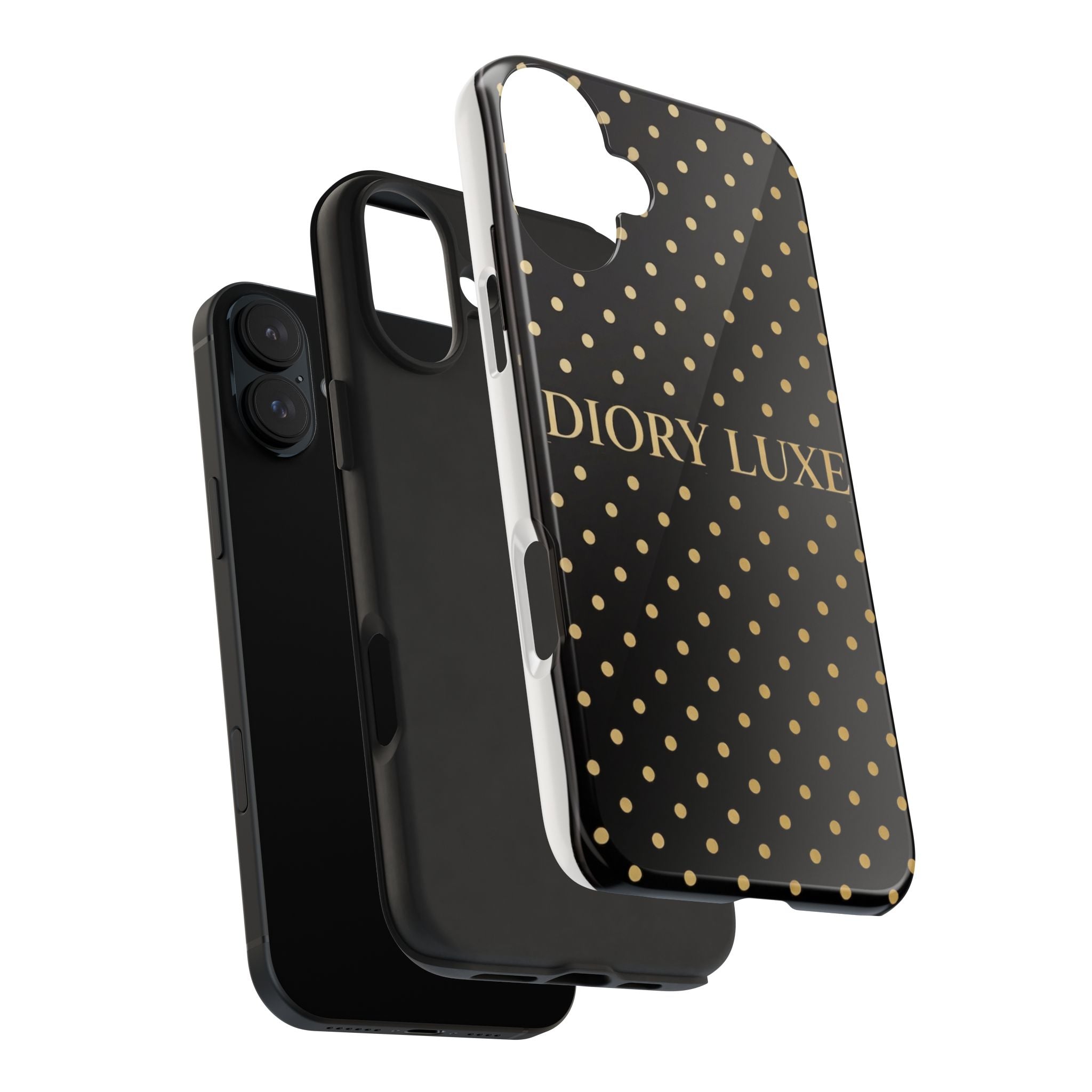 DIORY LUXE Polka Dot Tough Phone Case — Black & Gold Protective iPhone Cover