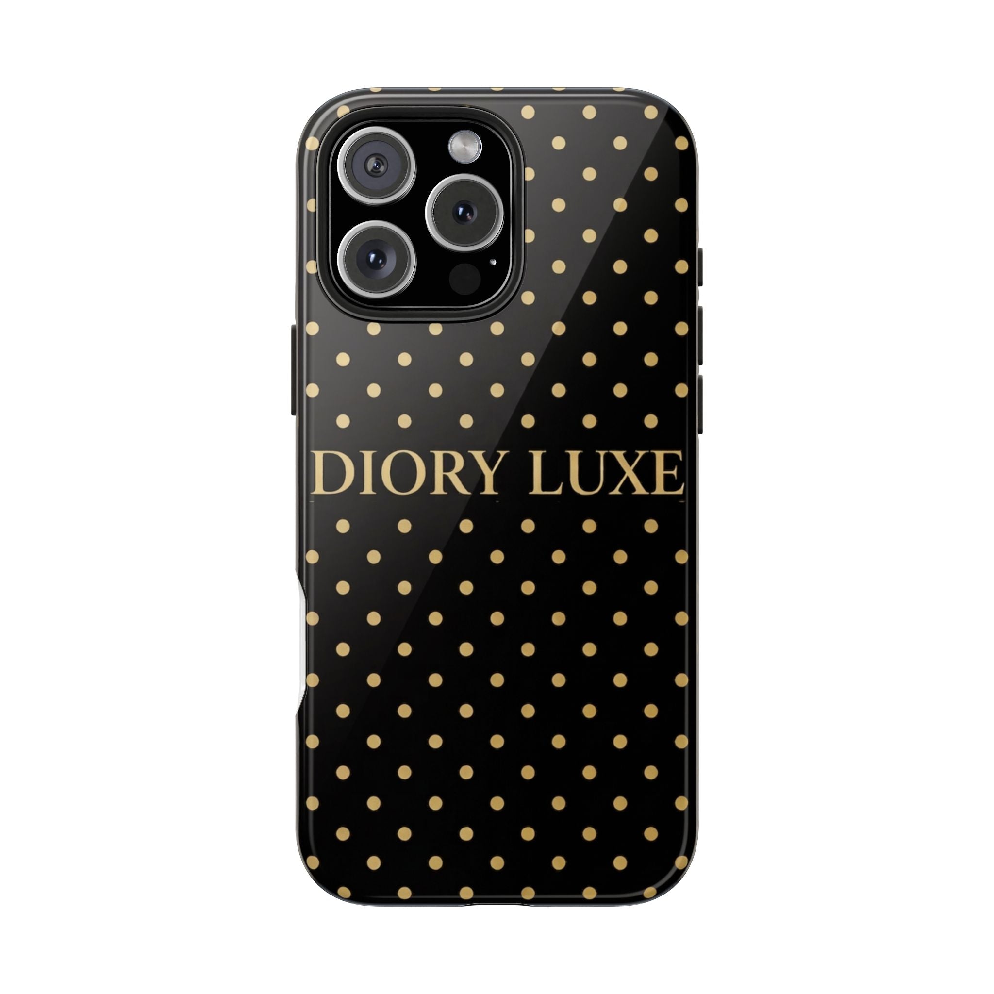 DIORY LUXE Polka Dot Tough Phone Case — Black & Gold Protective iPhone Cover