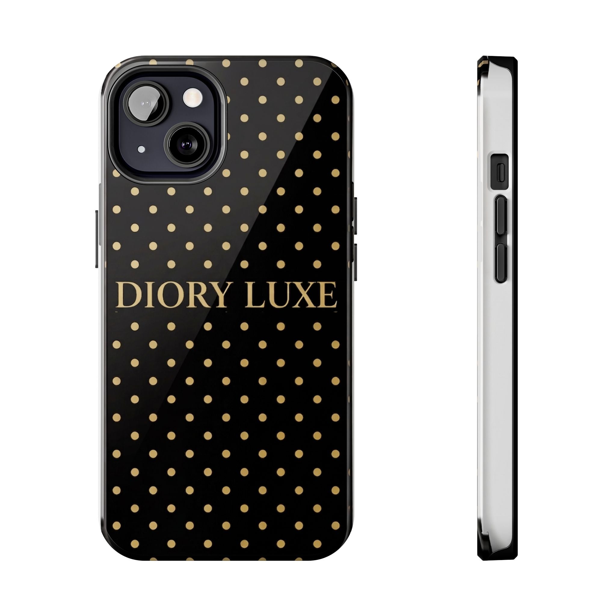 DIORY LUXE Polka Dot Tough Phone Case — Black & Gold Protective iPhone Cover