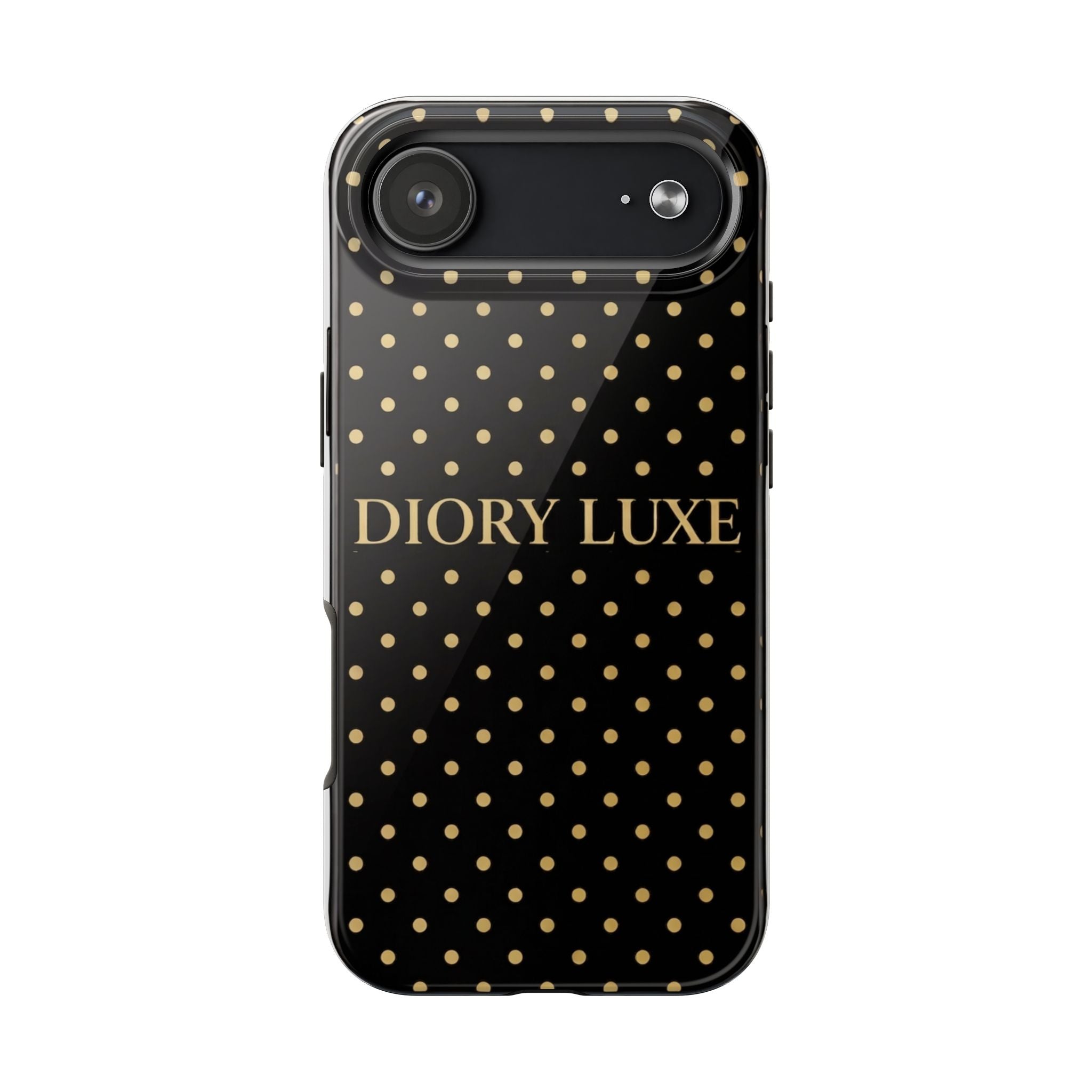 DIORY LUXE Polka Dot Tough Phone Case — Black & Gold Protective iPhone Cover