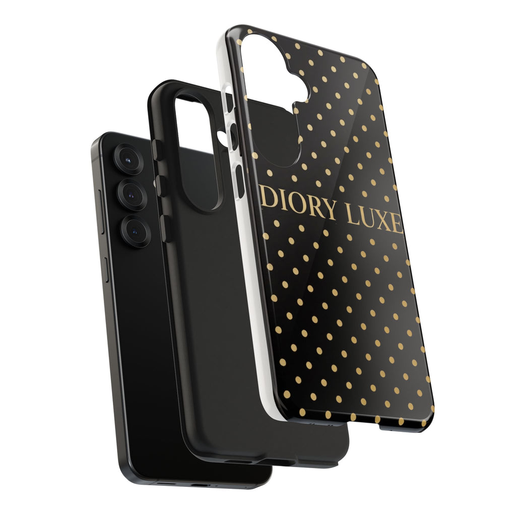 DIORY LUXE Polka Dot Tough Phone Case — Black & Gold Protective iPhone Cover