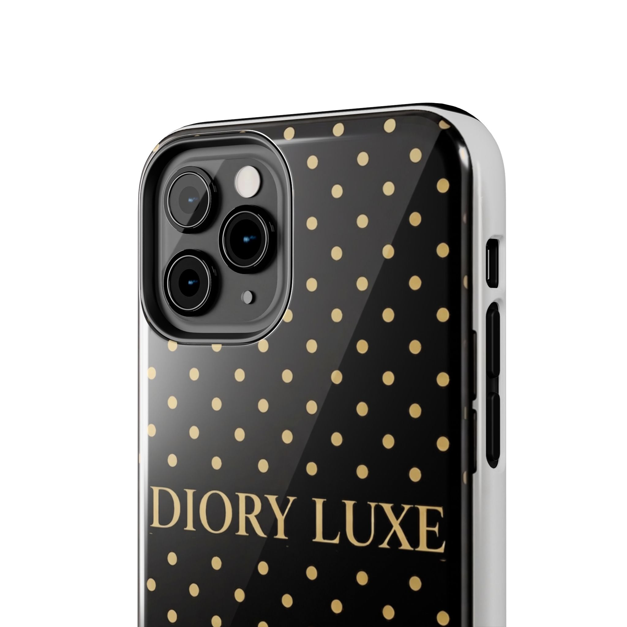 DIORY LUXE Polka Dot Tough Phone Case — Black & Gold Protective iPhone Cover