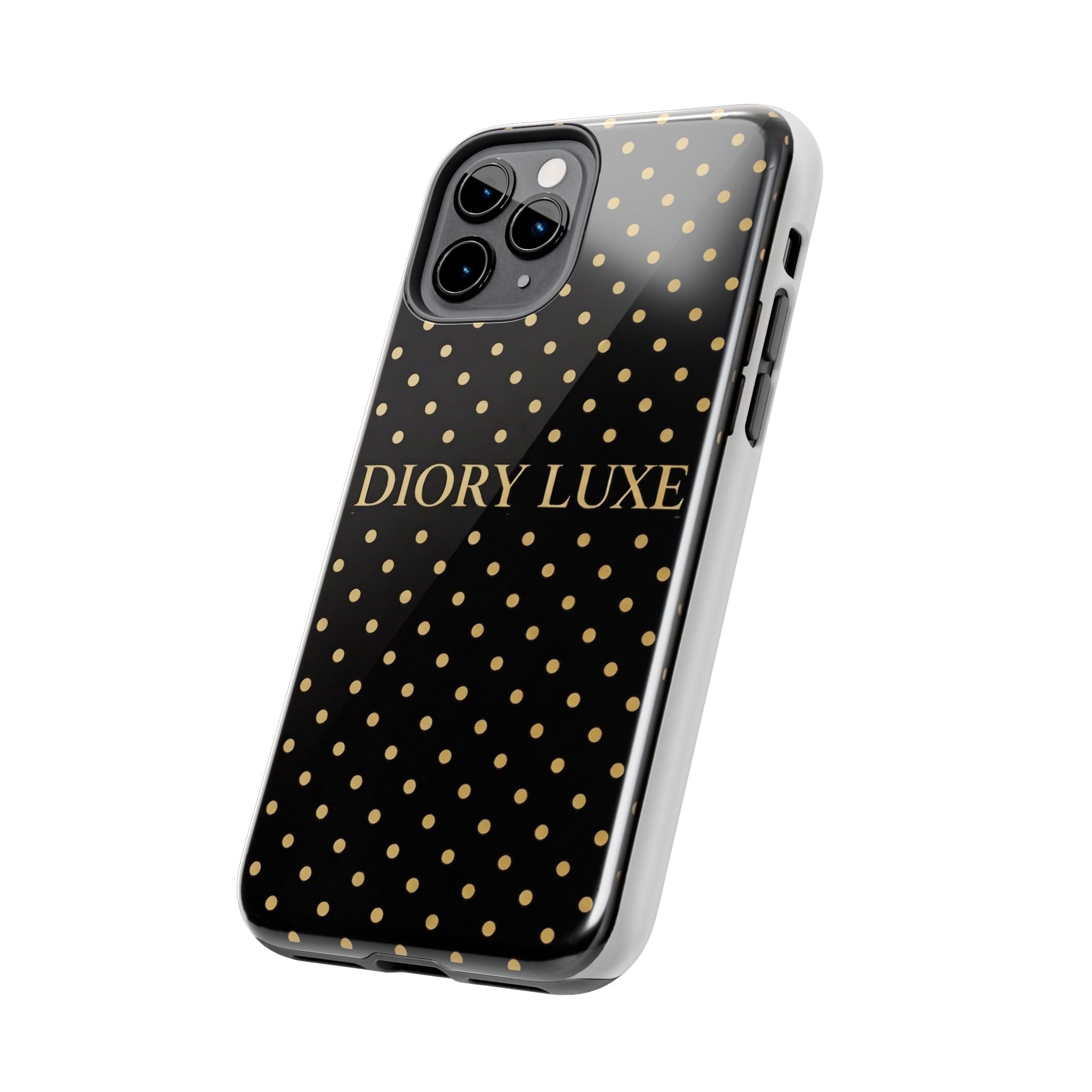 DIORY LUXE Polka Dot Tough Phone Case — Black & Gold Protective iPhone Cover
