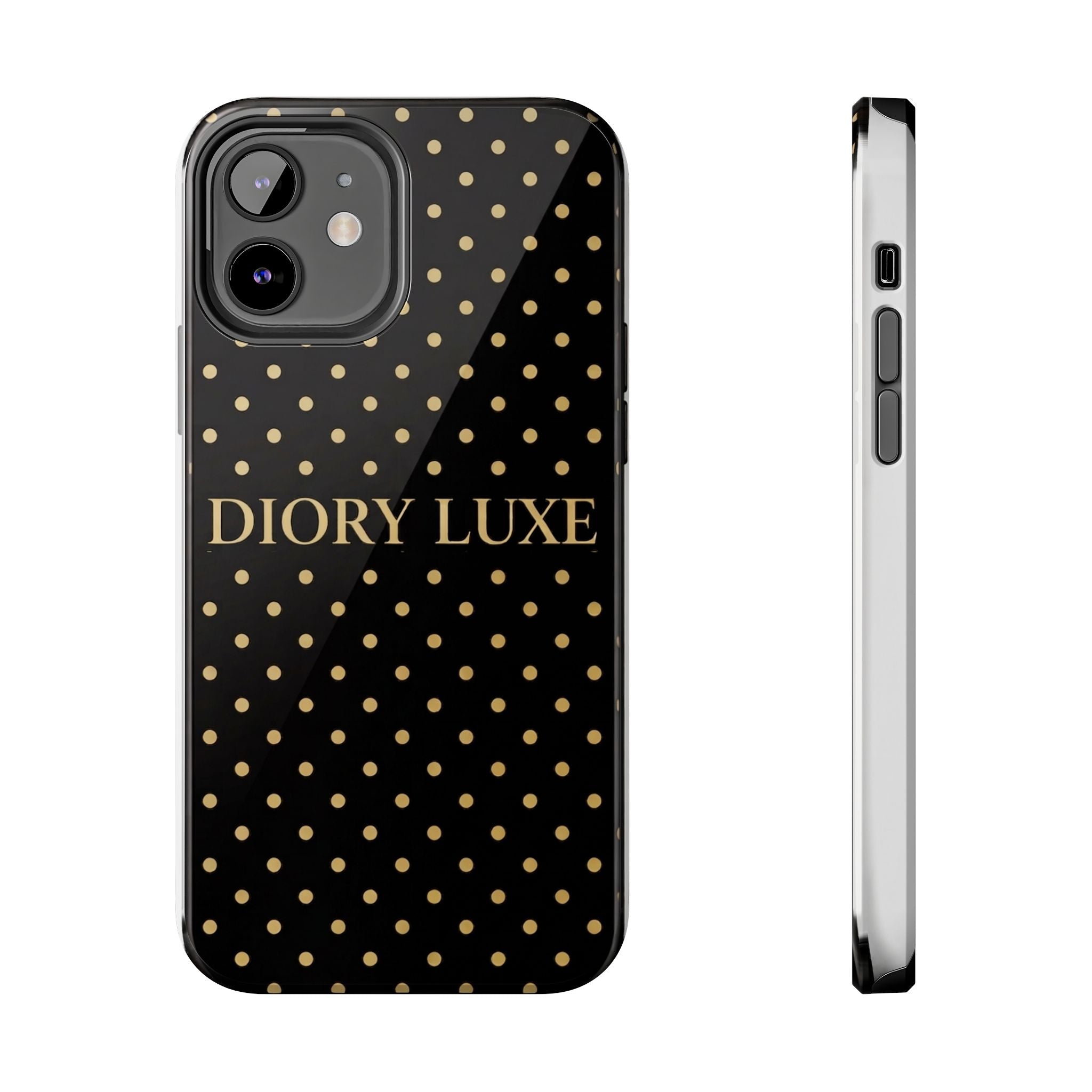DIORY LUXE Polka Dot Tough Phone Case — Black & Gold Protective iPhone Cover