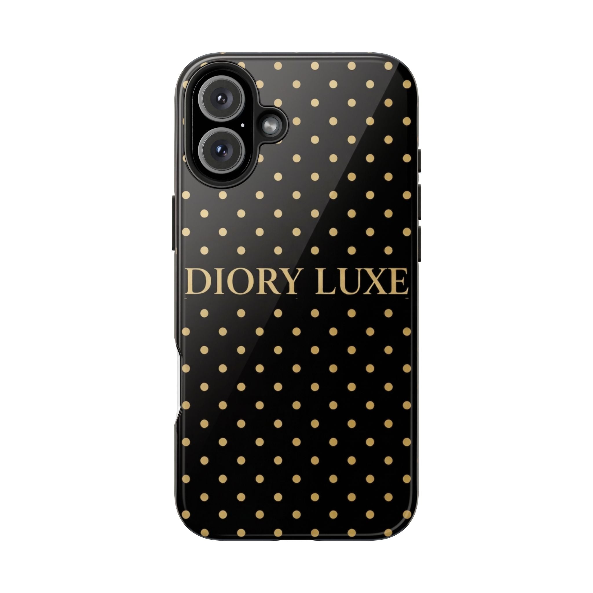 DIORY LUXE Polka Dot Tough Phone Case — Black & Gold Protective iPhone Cover