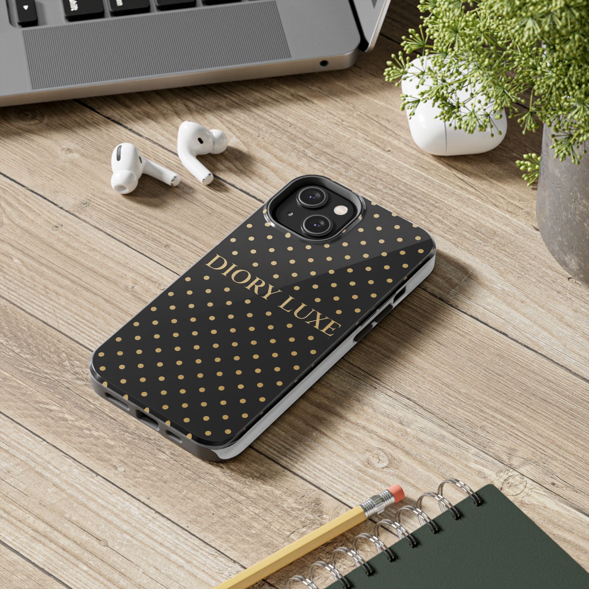 DIORY LUXE Polka Dot Tough Phone Case — Black & Gold Protective iPhone Cover