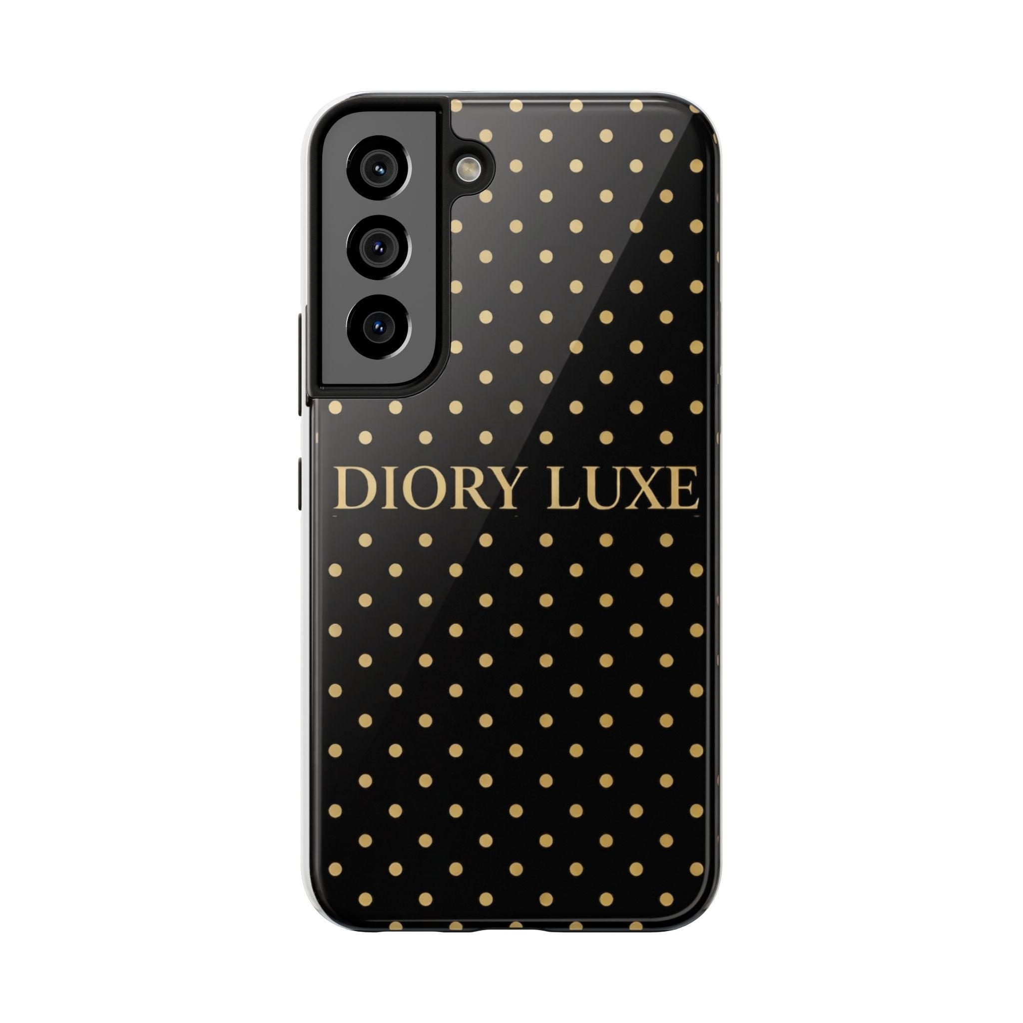 DIORY LUXE Polka Dot Tough Phone Case — Black & Gold Protective iPhone Cover